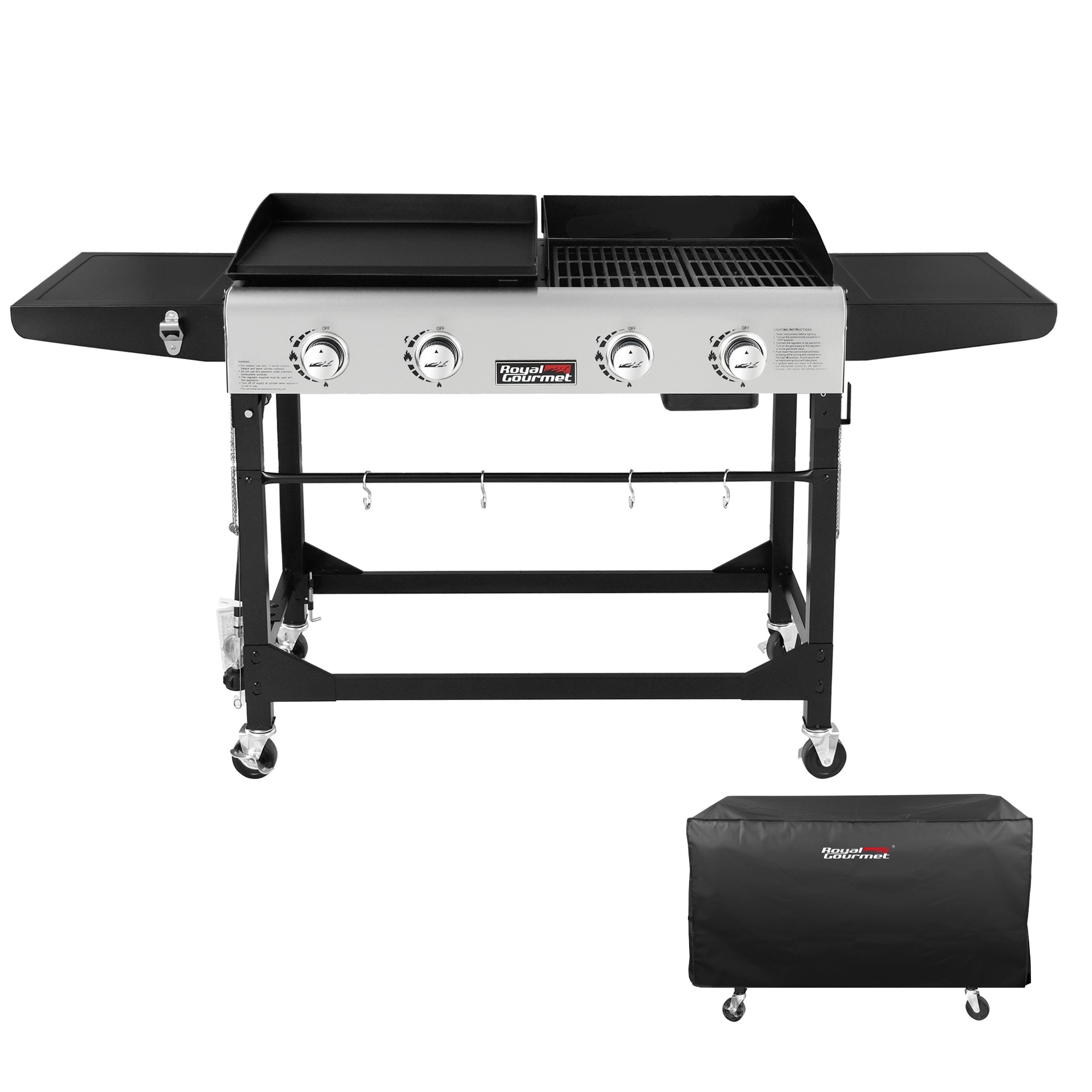 Royal Gourmet 4-burner Portable Flat Top Gas Grill And Griddle Combo With Folding Legs  With Cover black and Silver