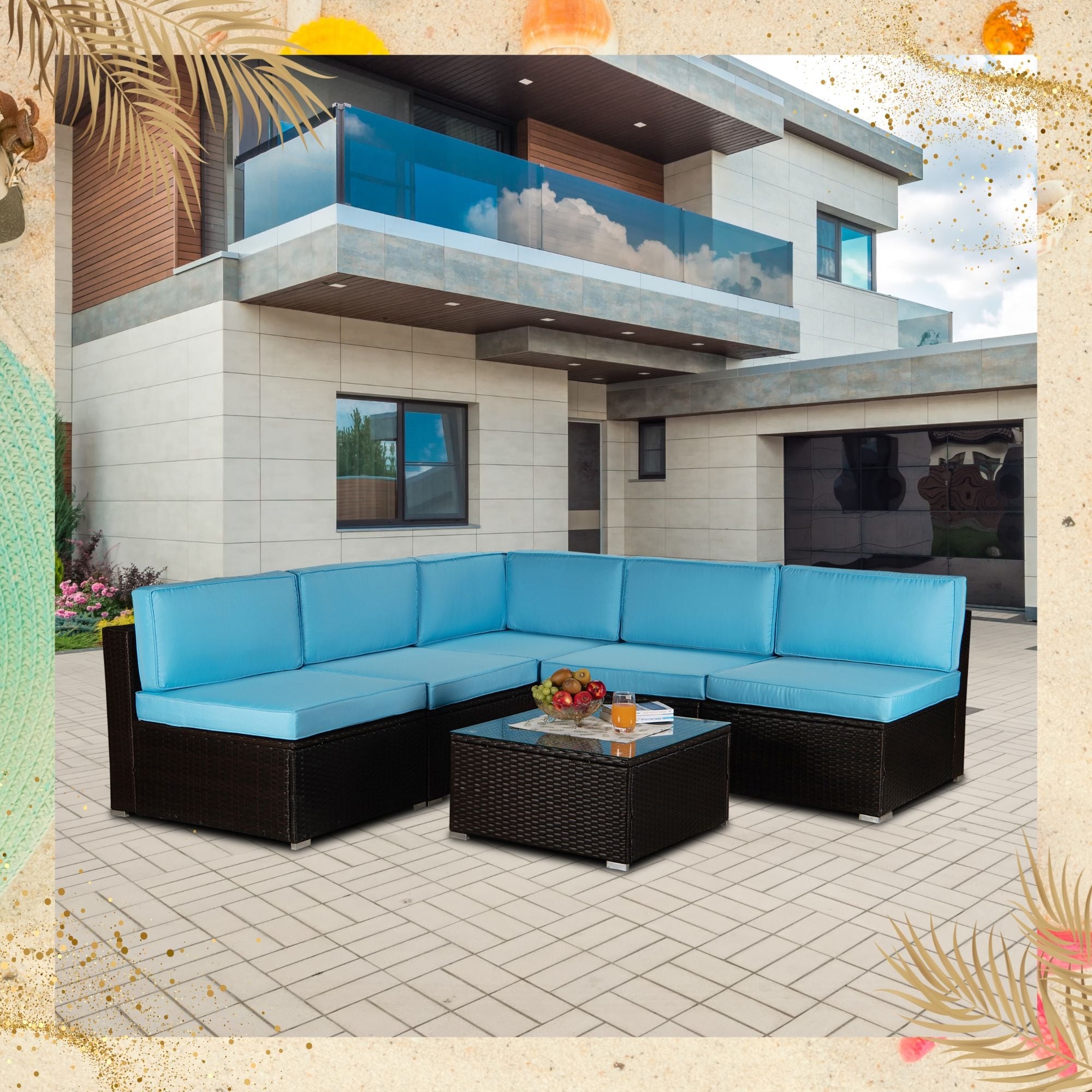 6-piece Pe Rattan Wicker Sectional Sofa Set For 4-6  Outdoor Garden Patio Furniture For Terrace and Garden