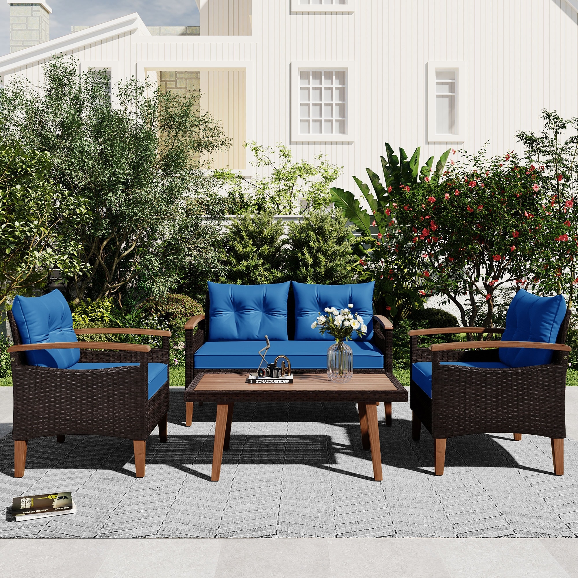 4-piece Garden Furniture  Patio Conversation Sets  Pe Rattan Outdoor Sofa Seating Set