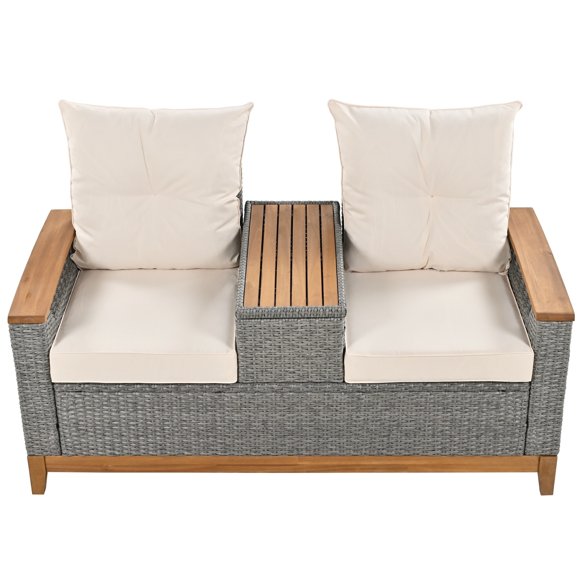 Outdoor Comfort Wood Adjustable Back Loveseat  Armrest With Storage Space For Courtyards  Swimming Pools And Balconies