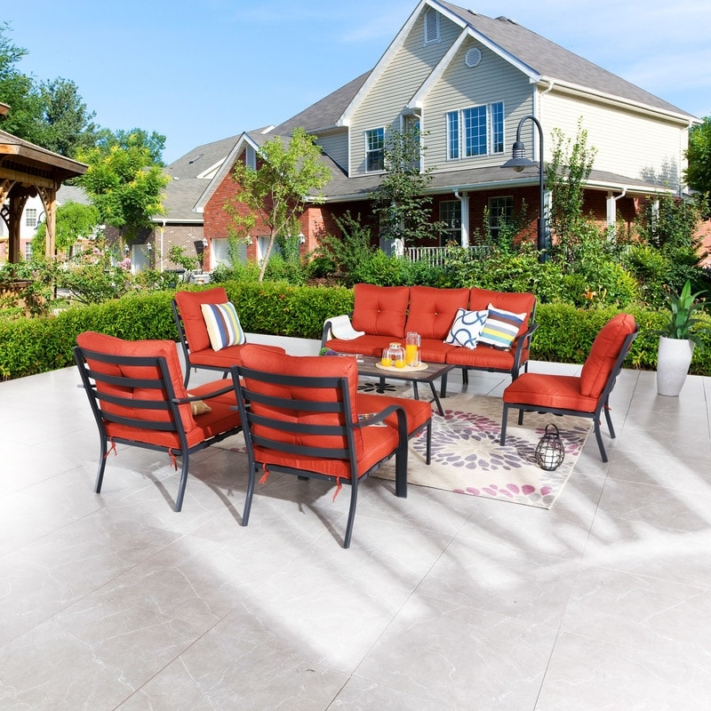 Patio Festival Curve-arm 10-piece Outdoor Conversation Set With Red Cushions