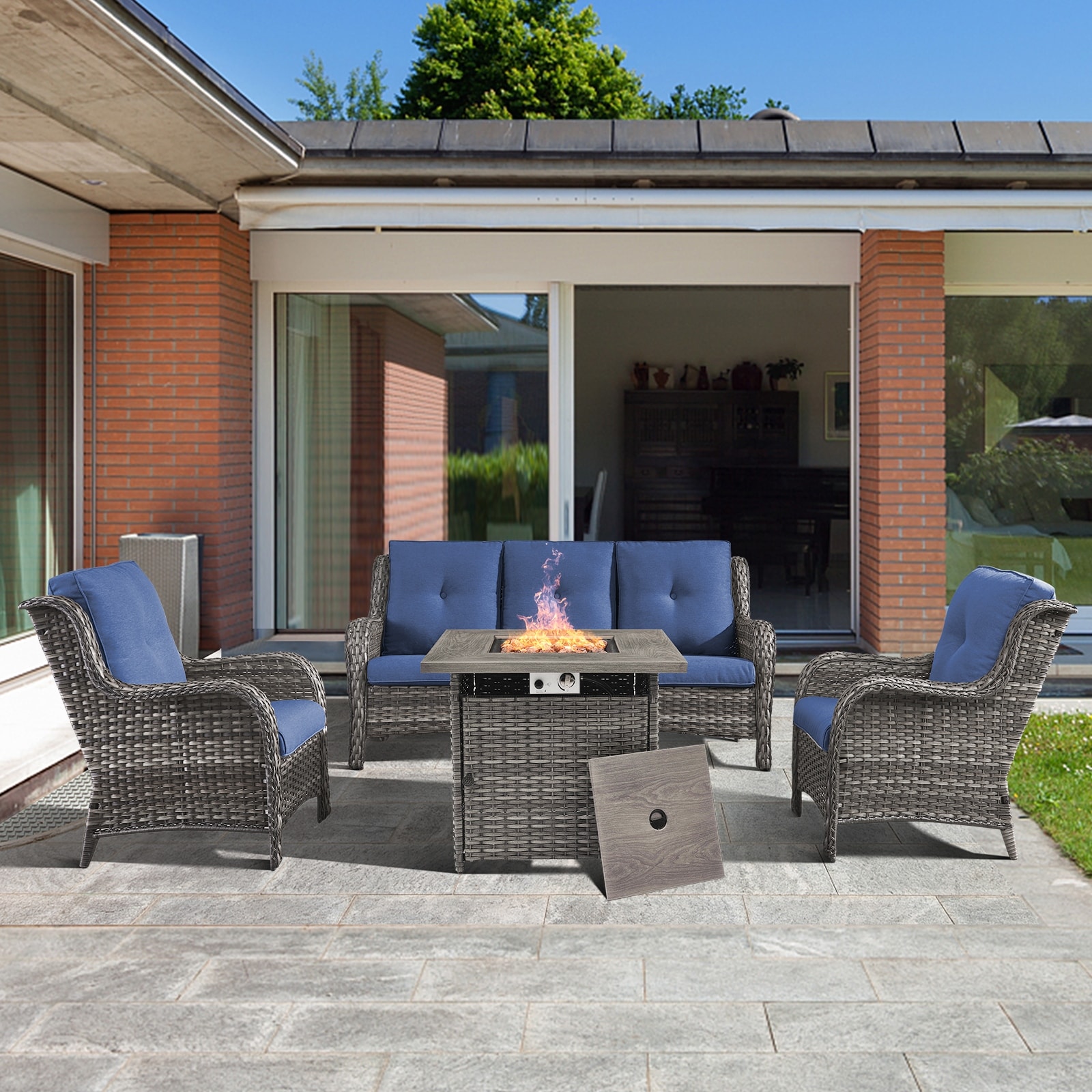 4-piece Outdoor Patio Sofa Chair Set With Fire Pit Table