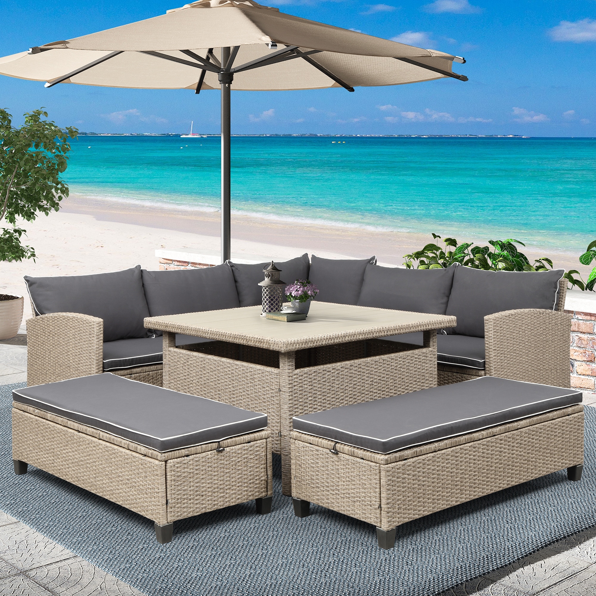 6-piece Patio Furniture Outdoor Rattan Modular Versatility Sectional Sofa Set  With Table And Benches  Ergonomic Armrest