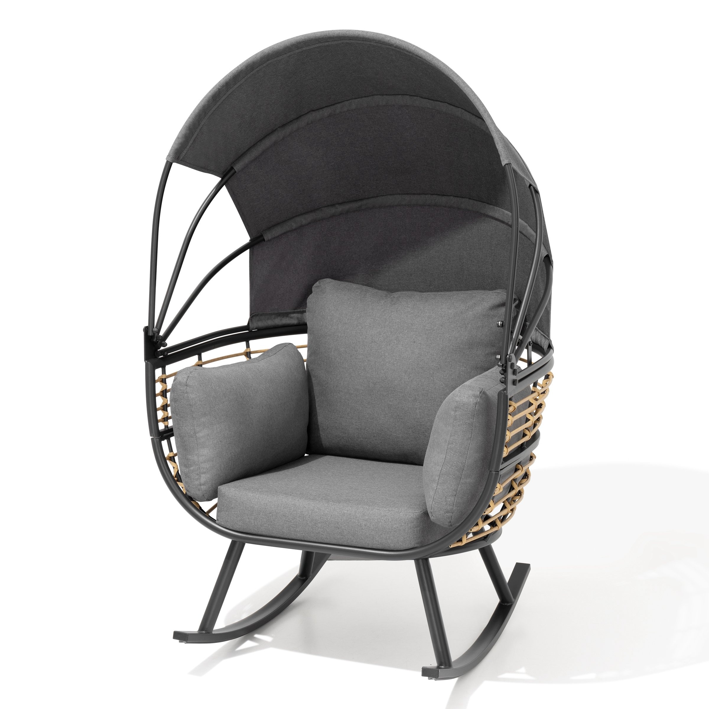 Outdoor Indoor Cushioned Egg Chair Metal Frame Pe Rattan Wicker Rocker With Retractable Sun Shade