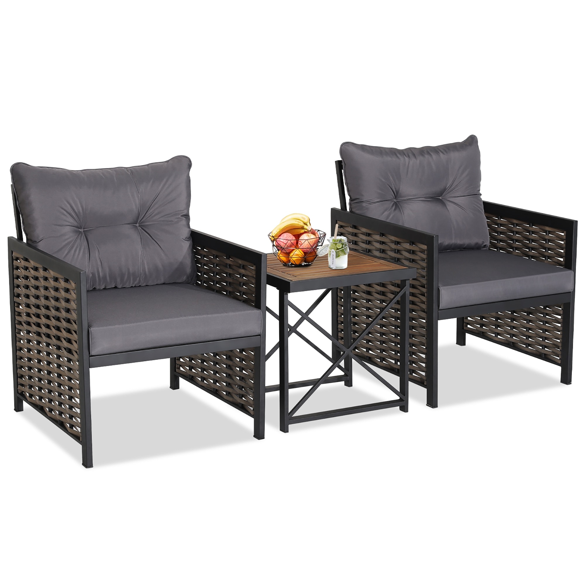 3 Pcs Patio Rattan Furniture Set Acacia Wood Coffee Table and 2 Chairs