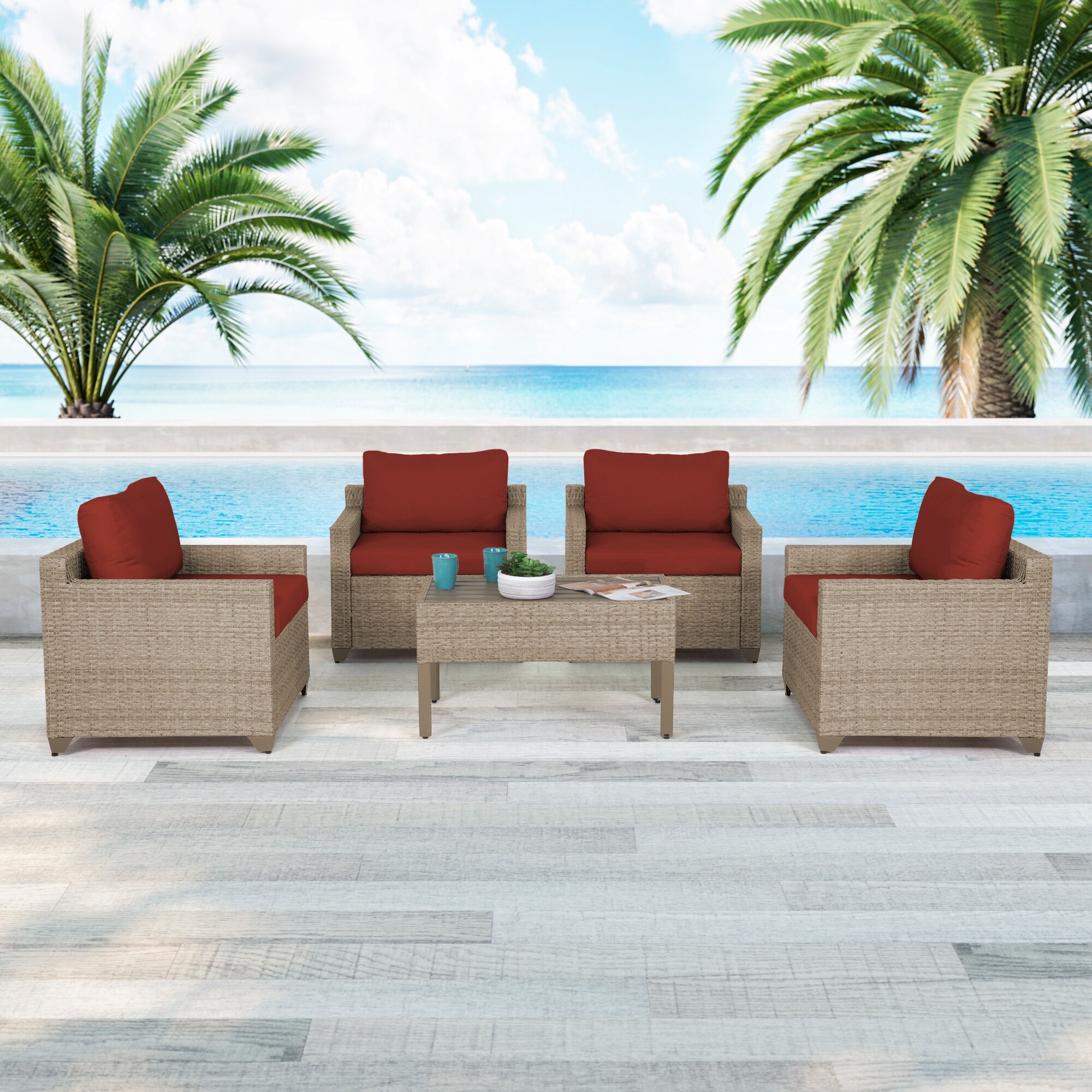 Maui 5-piece Outdoor Conversation Set Including 4 Club Chairs And Coffee Table In Natural Aged Wicker