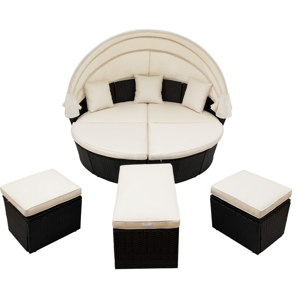 Round Outdoor Rattan Daybed Sunbed With Retractable Canopy