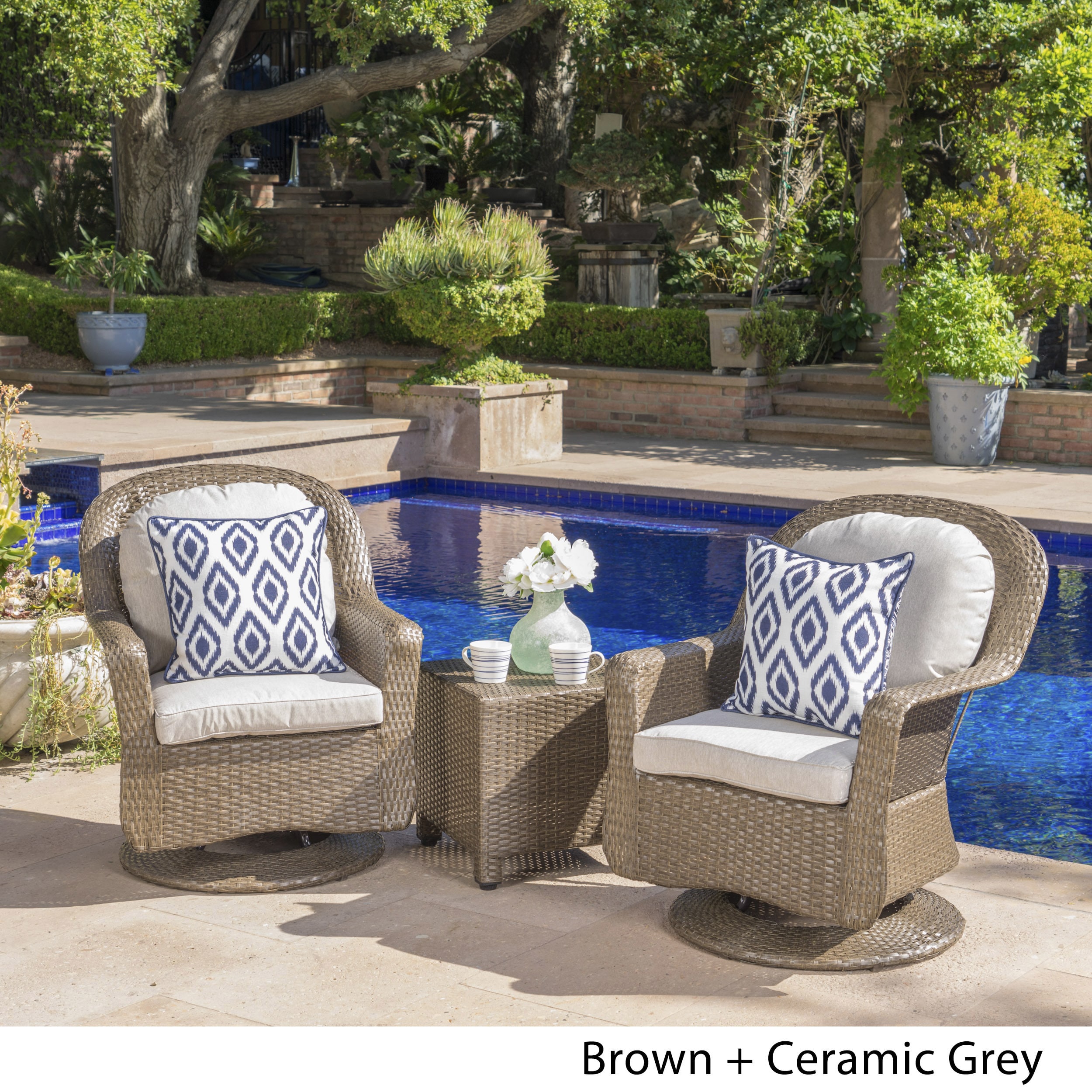 Liam Outdoor 3-piece Wicker Swivel Seating Set With Cushion By Christopher Knight Home