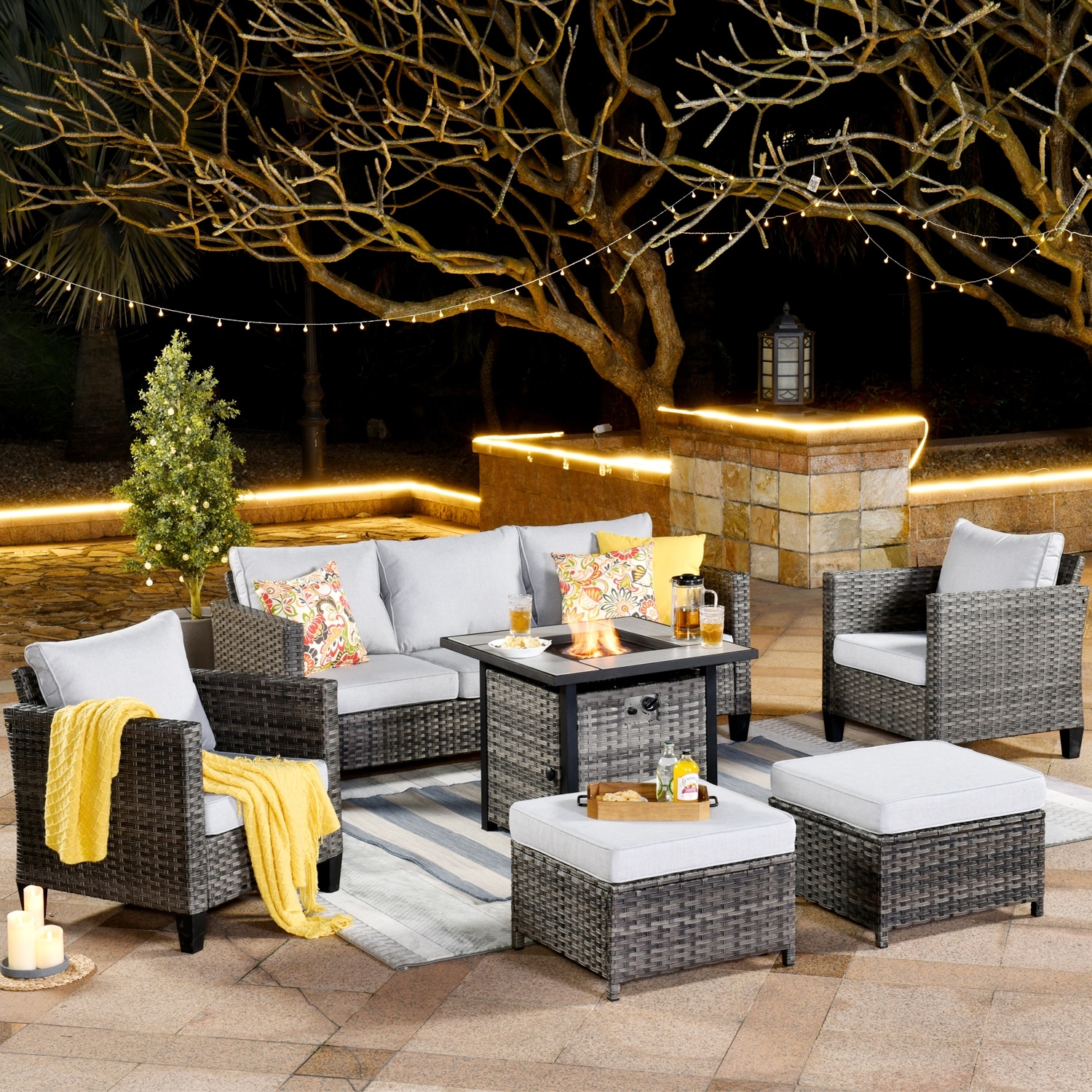 Ovios 6-piece Outdoor High-back Wicker Sectional Set With Fire Pit