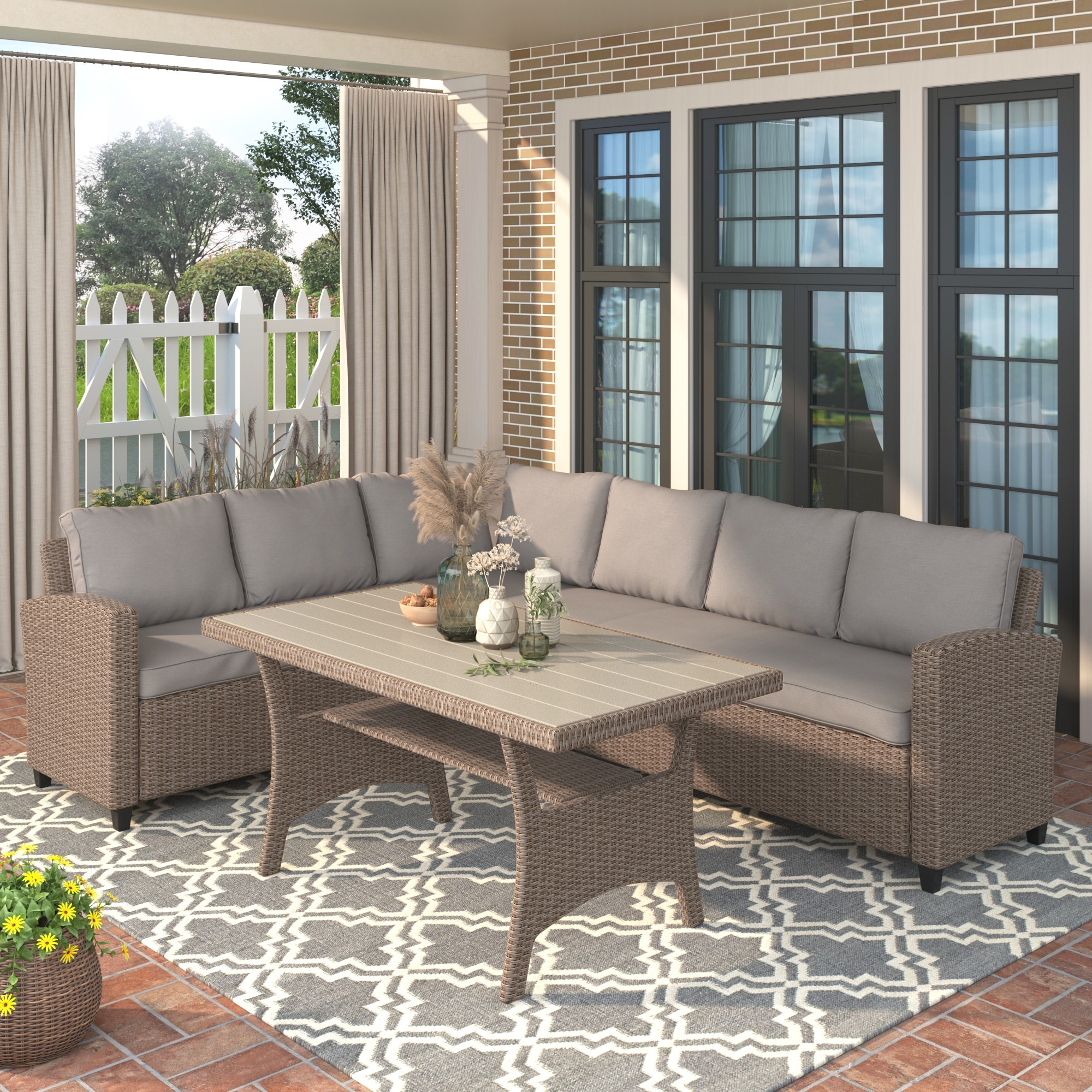 Patio Outdoor Rattan Wicker Conversation Set  Featuring A Table And Sectional Sofa Sets.