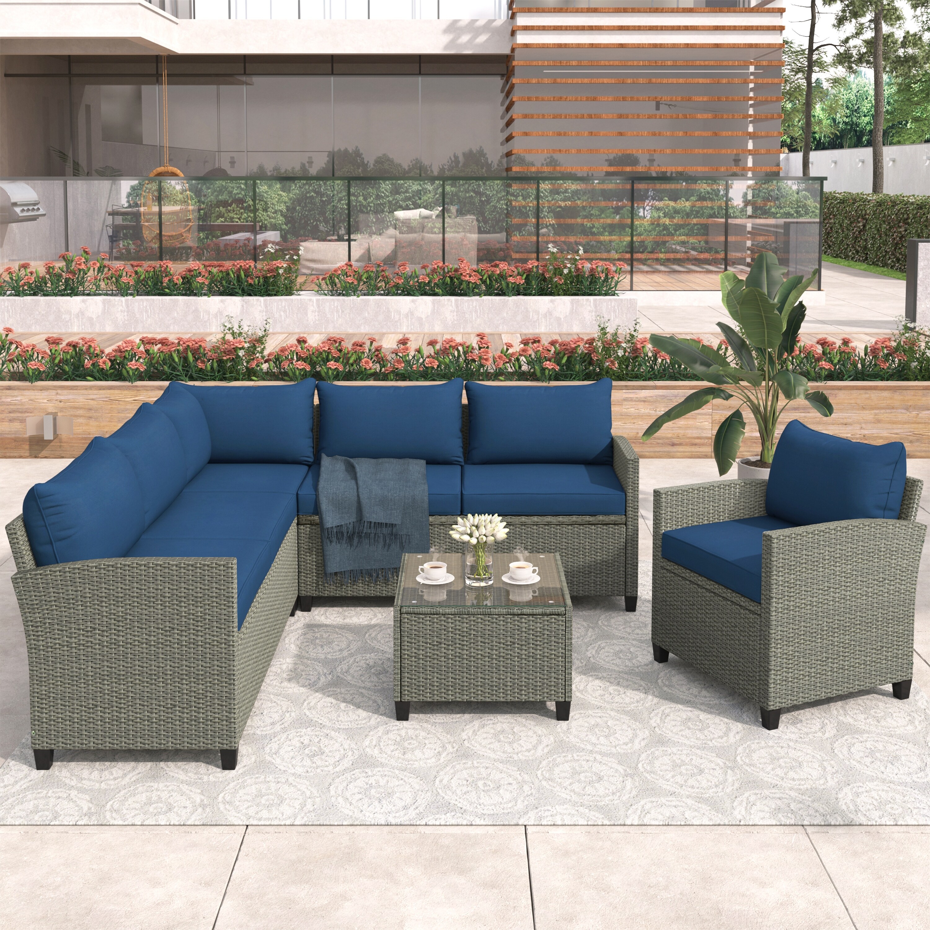 5 Piece Outdoor Conversation Set  Patio Furniture Pe Rattan Sectional Sofa Set With Coffee Table  Cushions And Single Chair