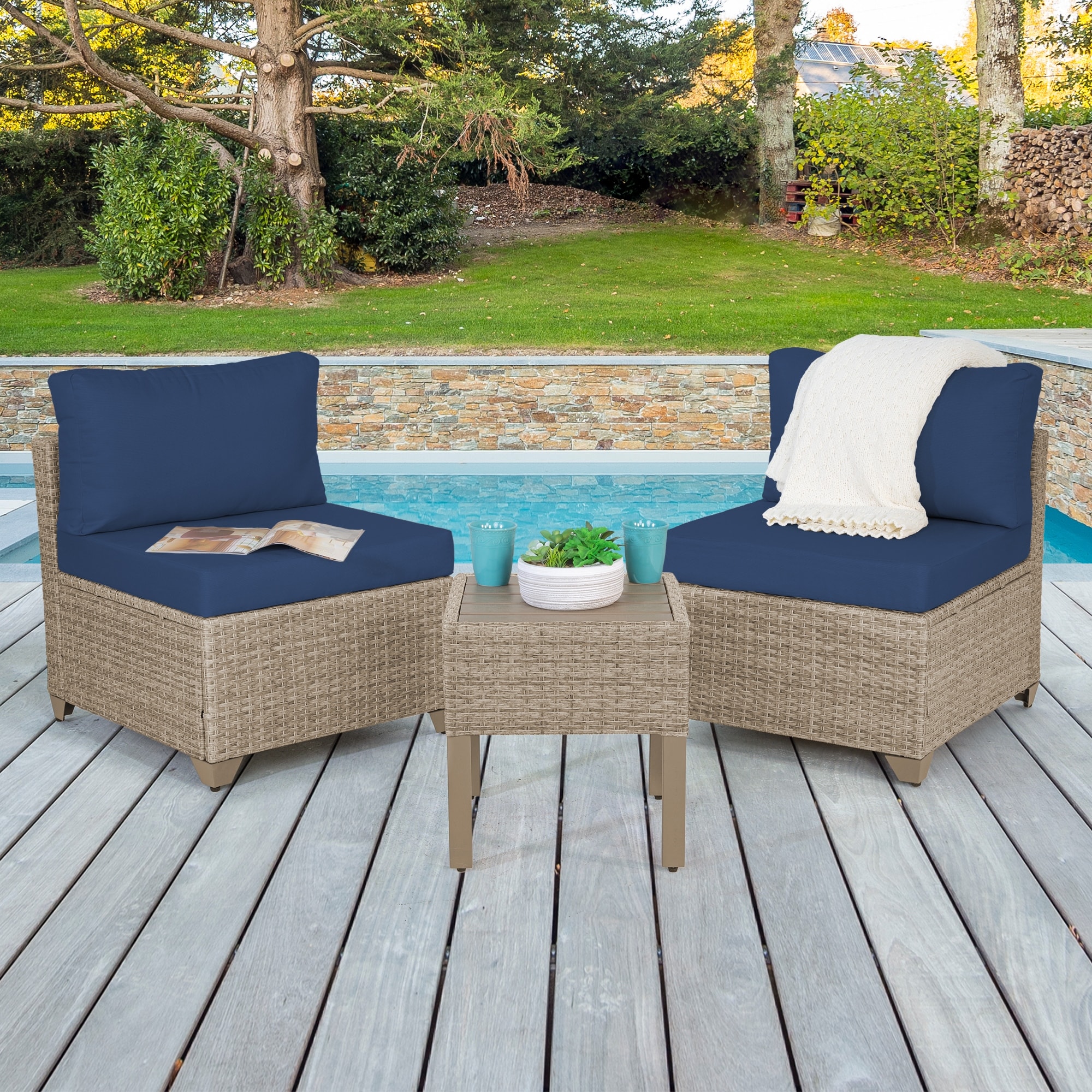 Maui 3-piece Outdoor Conversation Set Including Armless Sofa Seats And End Table In Natural Aged Wicker