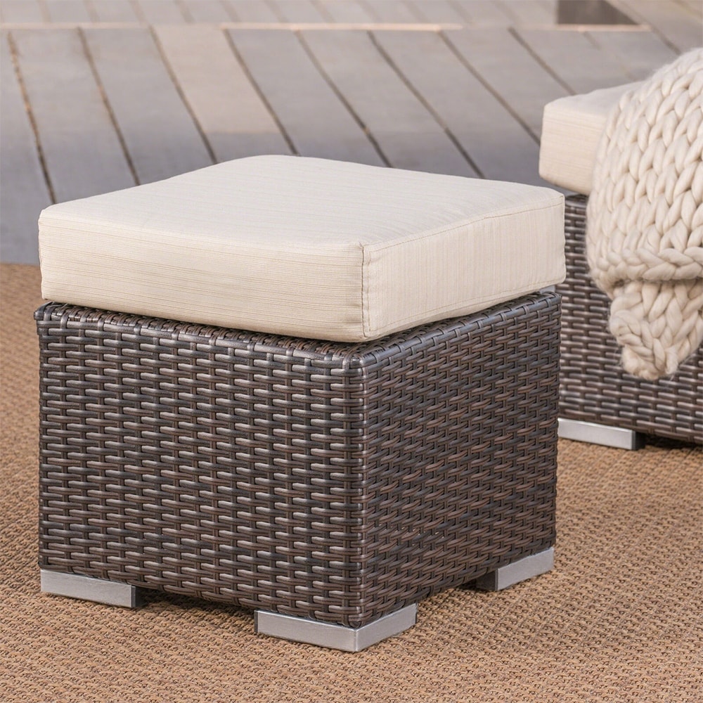 Outdoor 16 Wicker Ottoman Seat Water Resistant Cushion Single Brown
