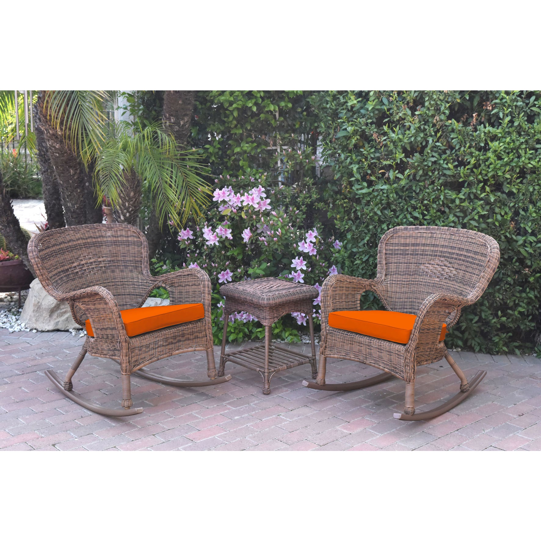 Jeco Windsor Honey Wicker Rocker Chair And End Table Set With Cushions