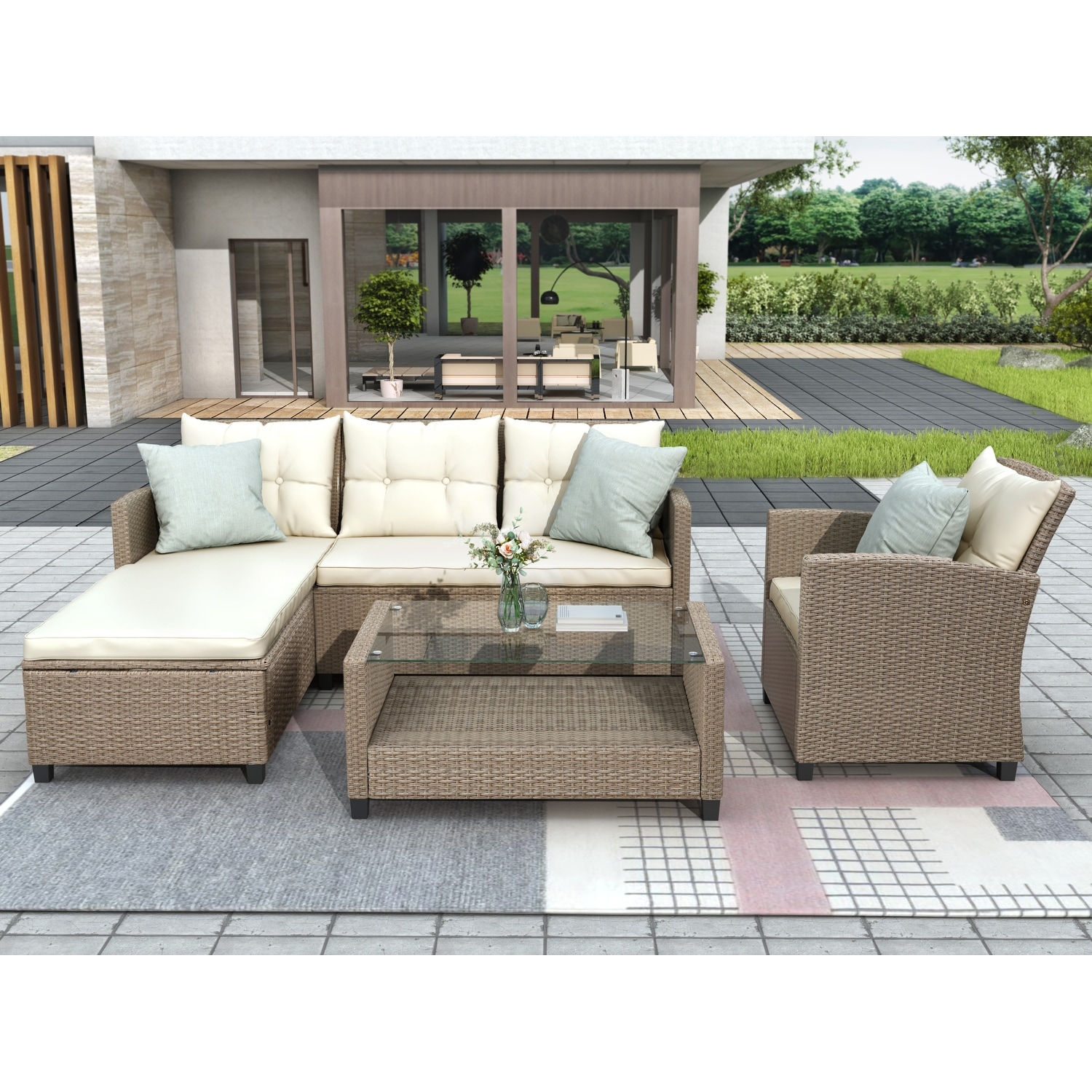 4 Piece Conversation Set Wicker Ratten Sectional Sofa With Seat And Table