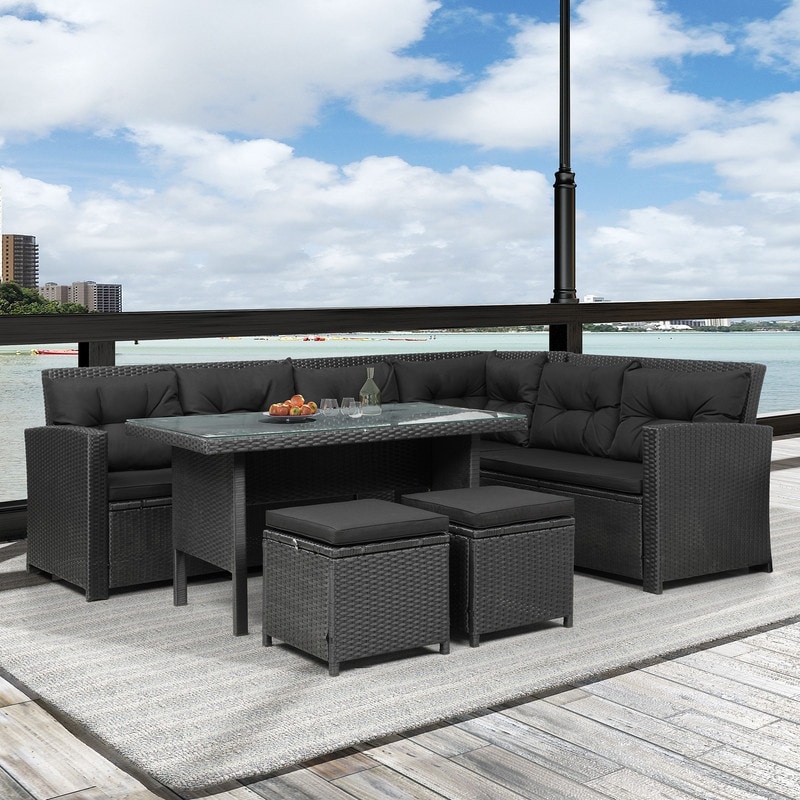 Aoolive 6pcs Patio Sectional Sofa Set With Glass Table  Ottoman  Black