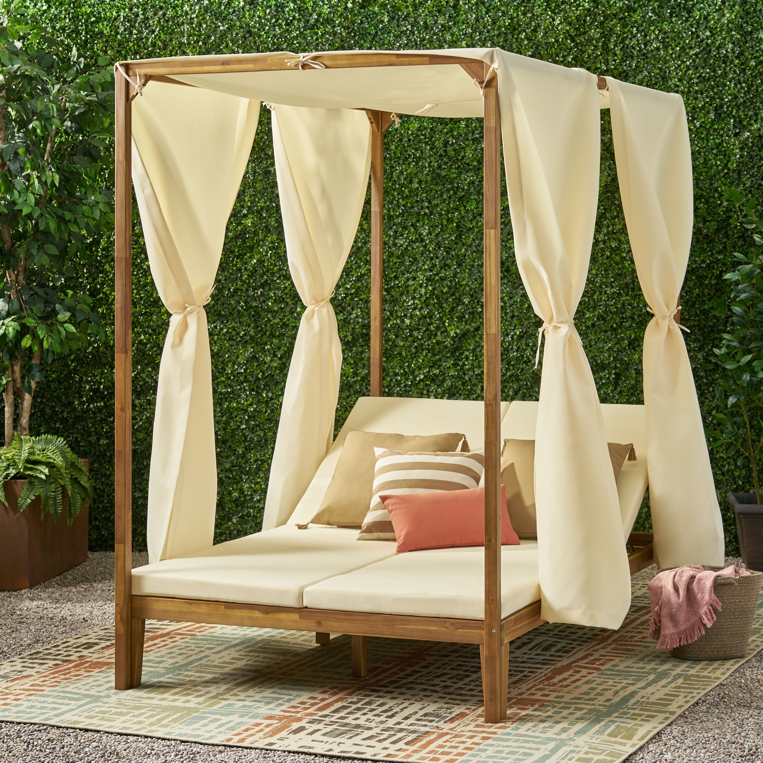 Kinzie Outdoor 2-seat Adjustable Acacia Daybed W/ Curtains By Christopher Knight Home - 51.25 L X 78.75 W X 78.75 H