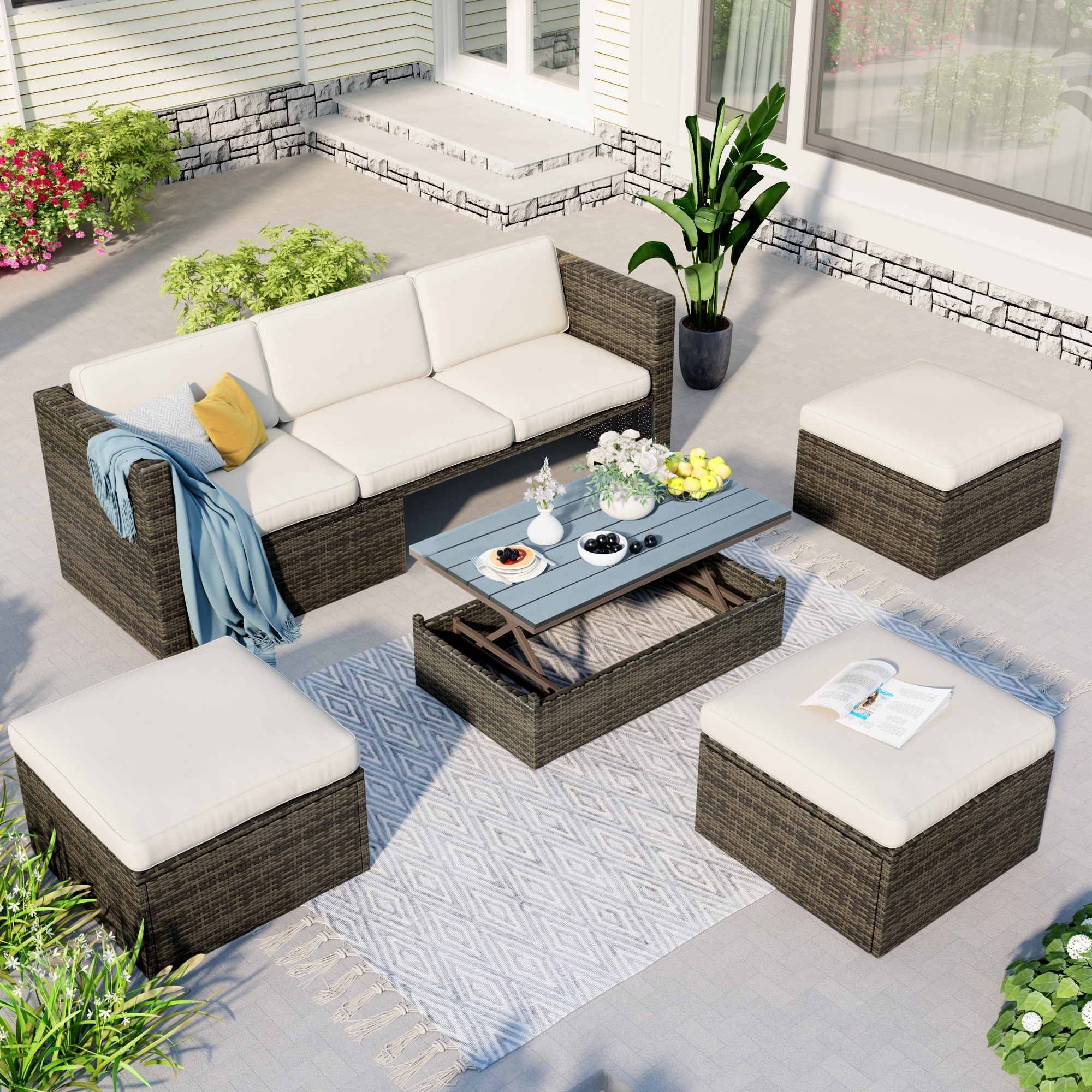 5-piece Rattan Multifunctional Outdoor Cushioned Sofa Set With Lift-tabletop Coffee Table And Adustable Backrest