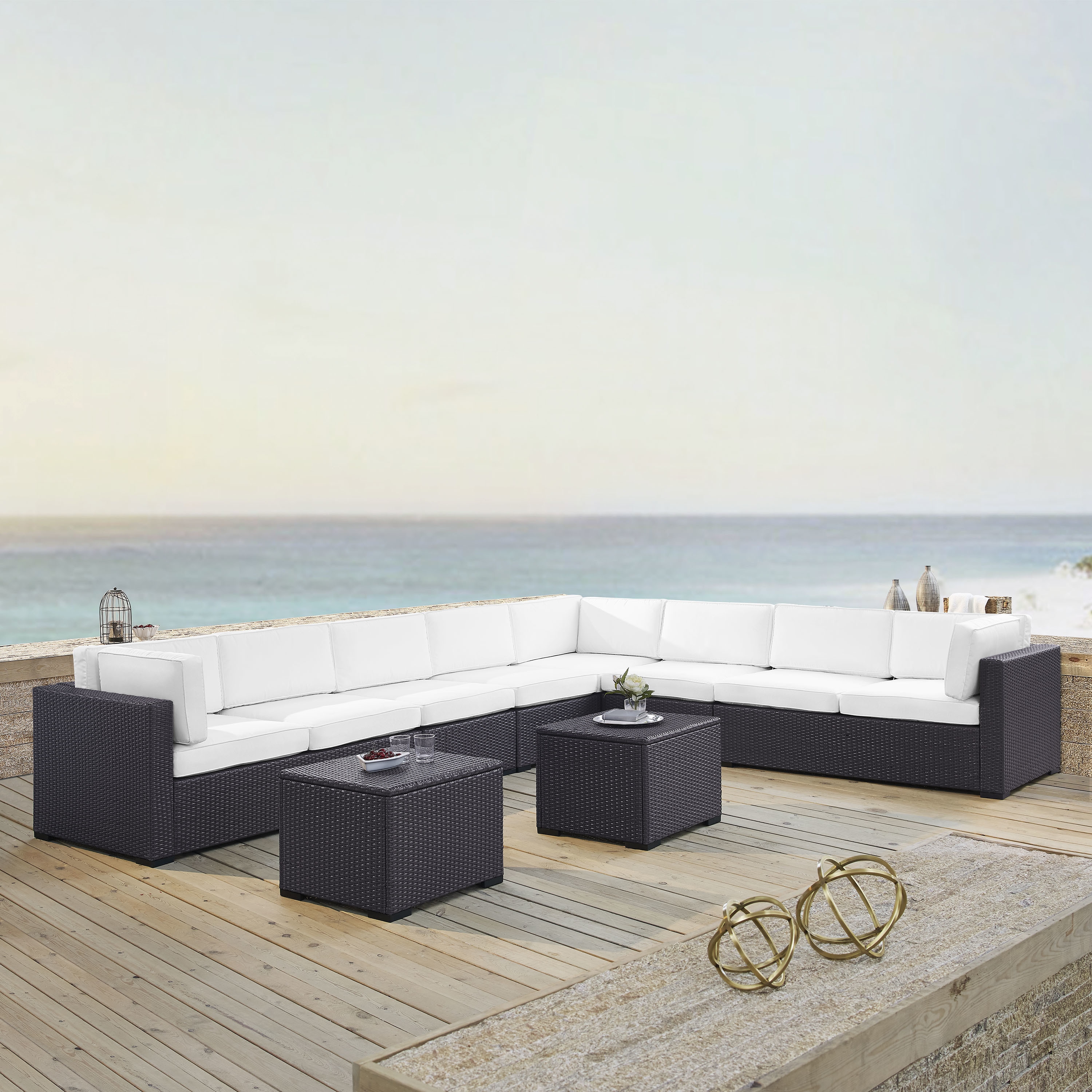 Biscayne 6-piece White Wicker Outdoor Seating Set Of Three Loveseats  Two Armless Chairs  And Coffee Table