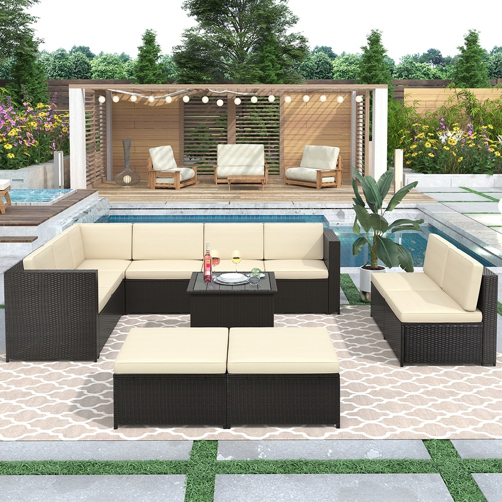 9pcs Outdoor Patio Rattan Sectional Set With Removable Cushions