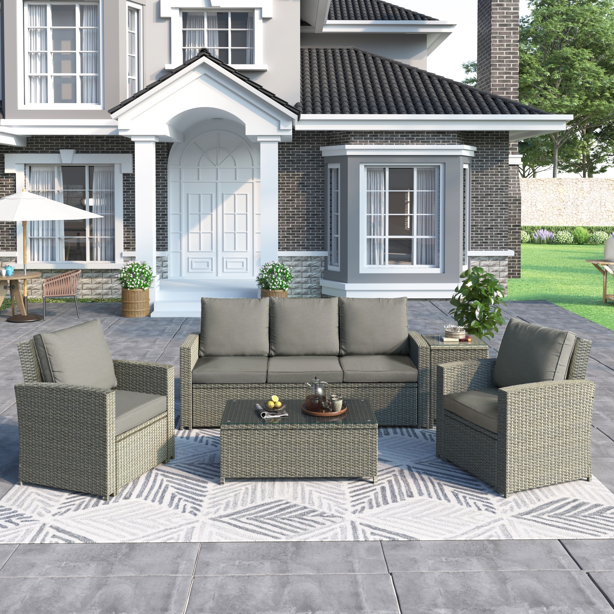 5 Piece Rattan Sectional Seating Group With Patio Outdoor Three Seat Sofa and Arm Chairs Sets