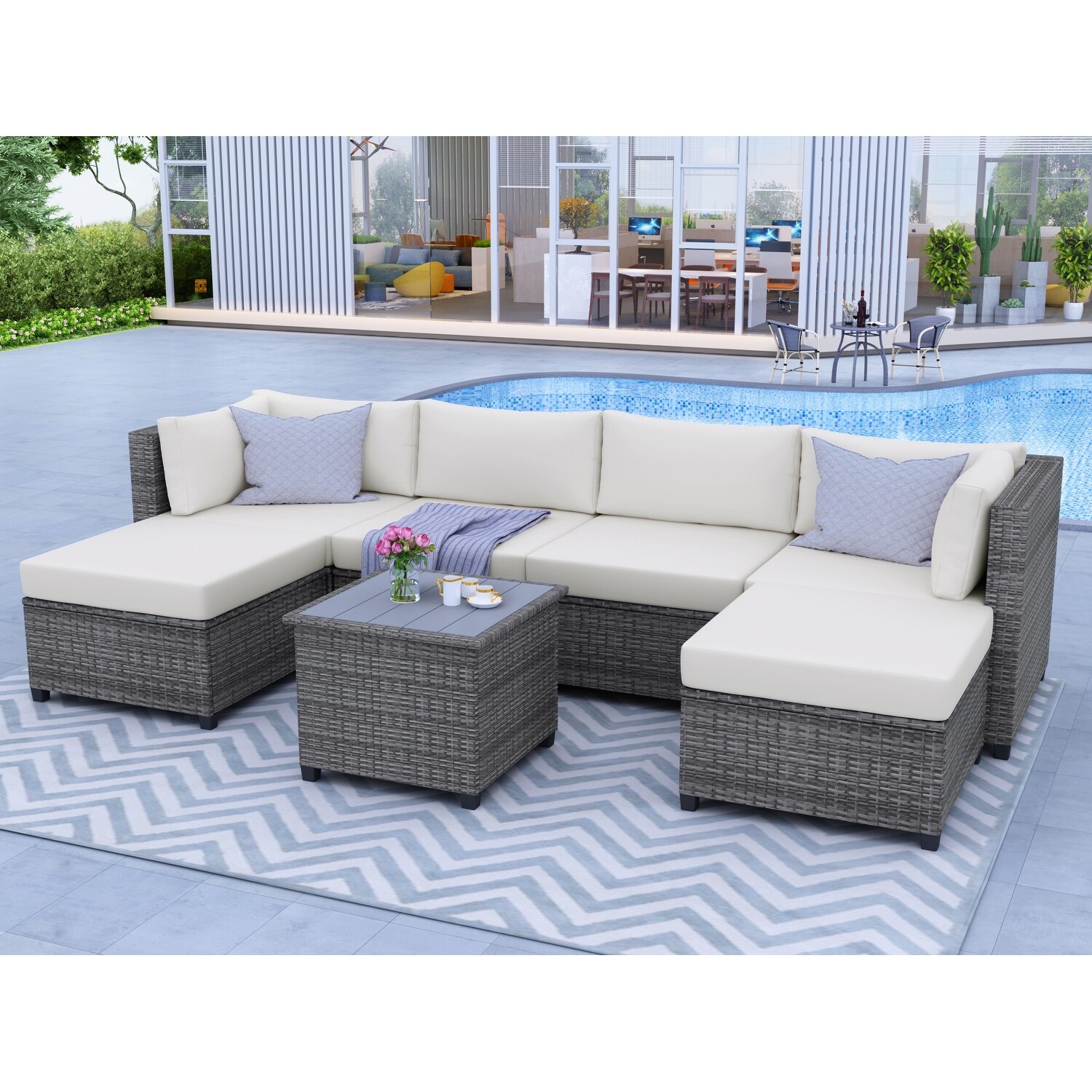 7 Piece Rattan Sectional Seating Group With Cushions  Outdoor Ratten Sofa New!