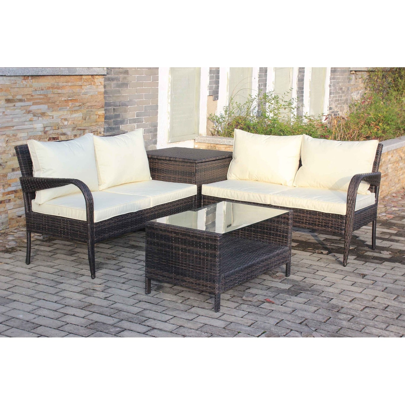 4 Piece Patio Sectional Wicker Rattan Outdoor Furniture Sofa Set With Storage Box Brown