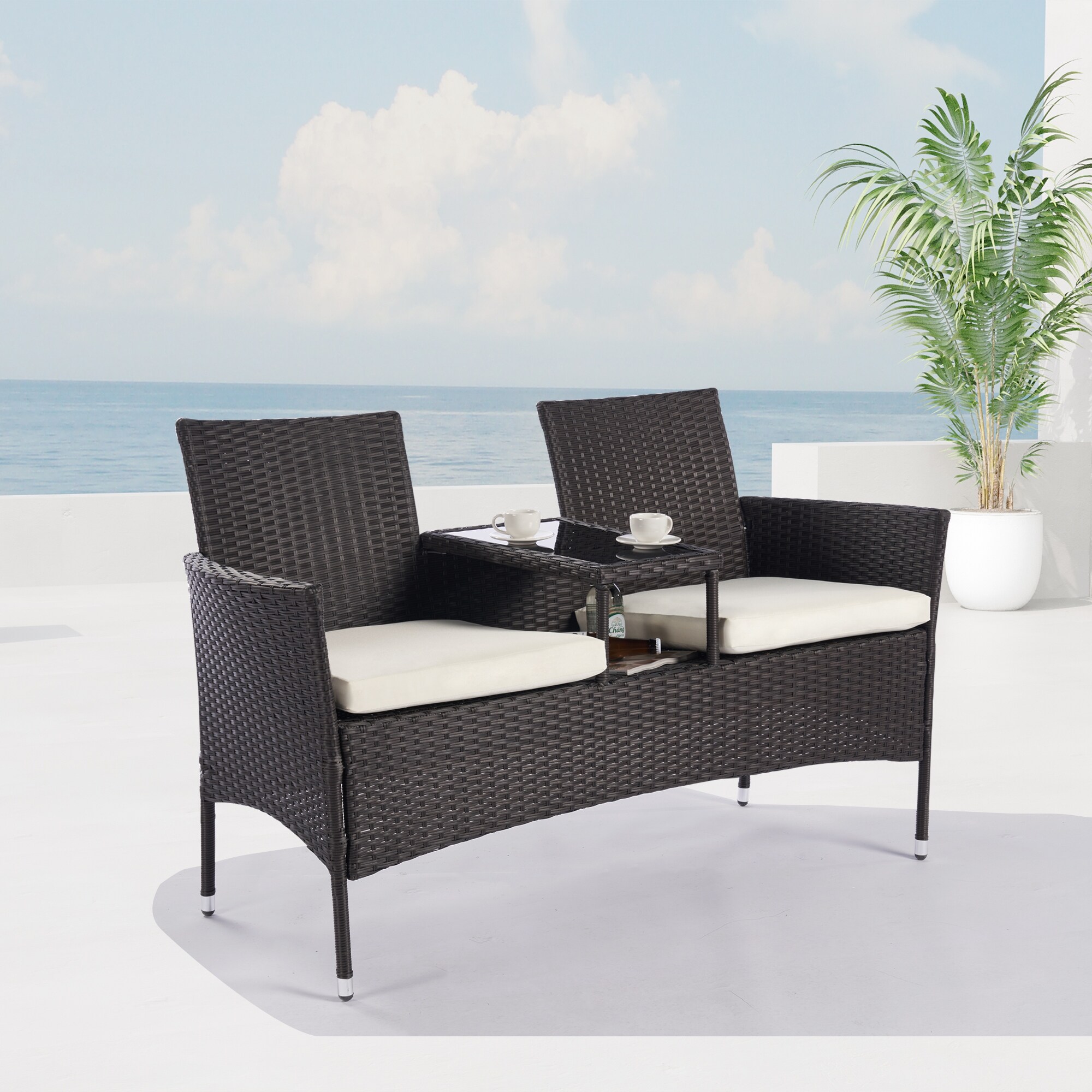 1-pieces Outdoor Patio Garden Furniture Set For 2  Pe Rattan Wicker Conversation Sofa Set With Cushions and Tempered Glass Table