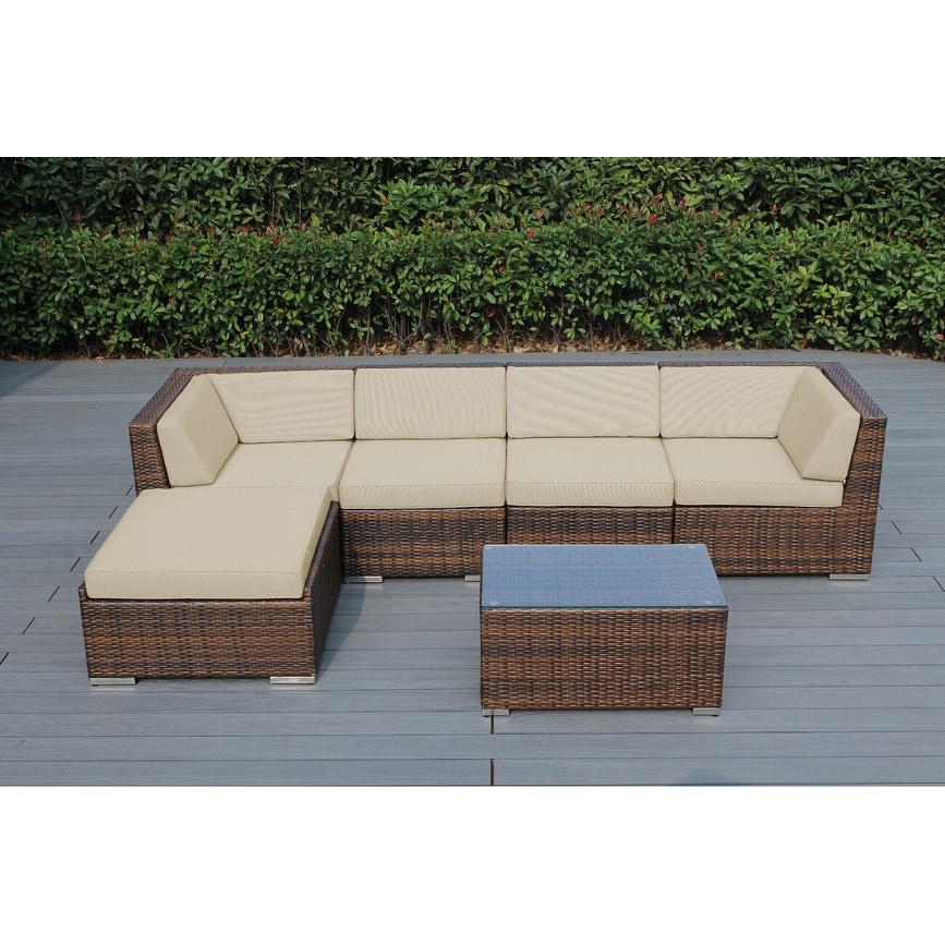 Ohana Outdoor Patio 6 Piece Mixed Brown Wicker Sectional With Cushions - No Assembly