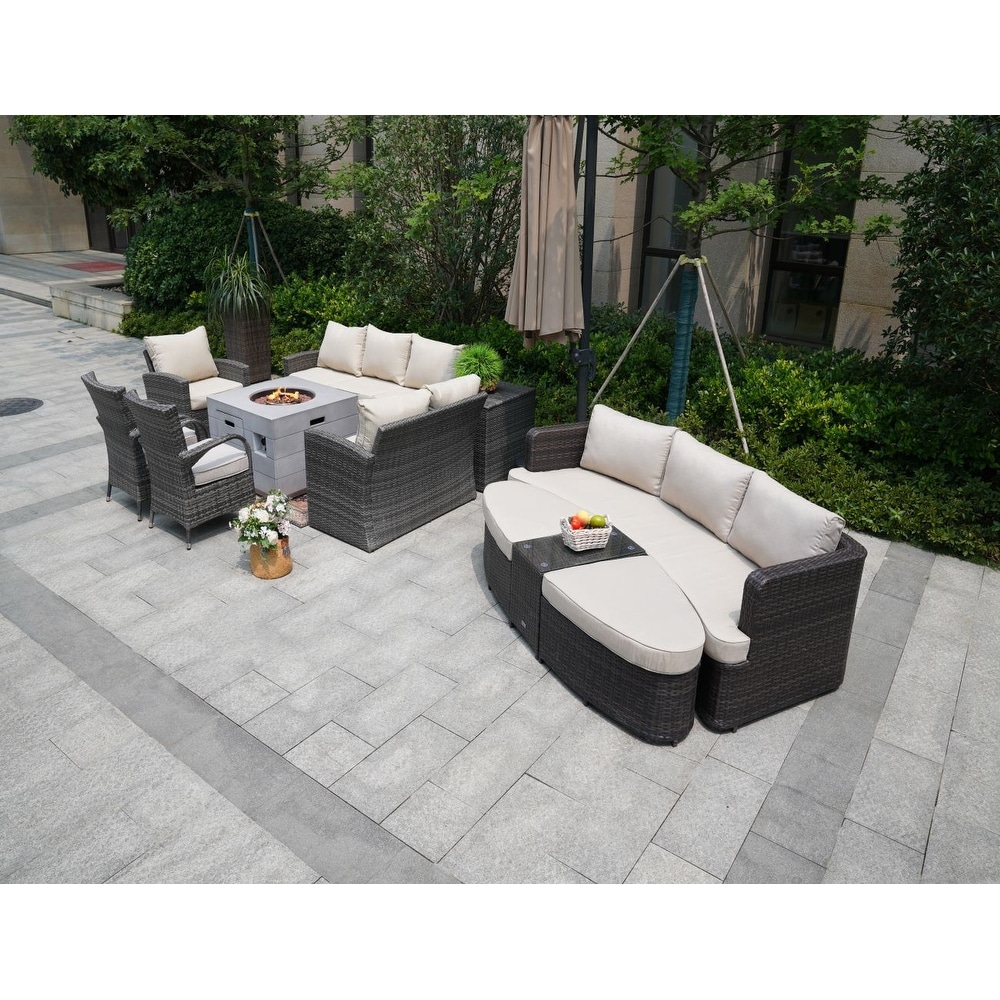 Outdoor Daybed Sofa Set With Fire Pit Table Rattan Garden Furniture By None(brown Grey Mixing)