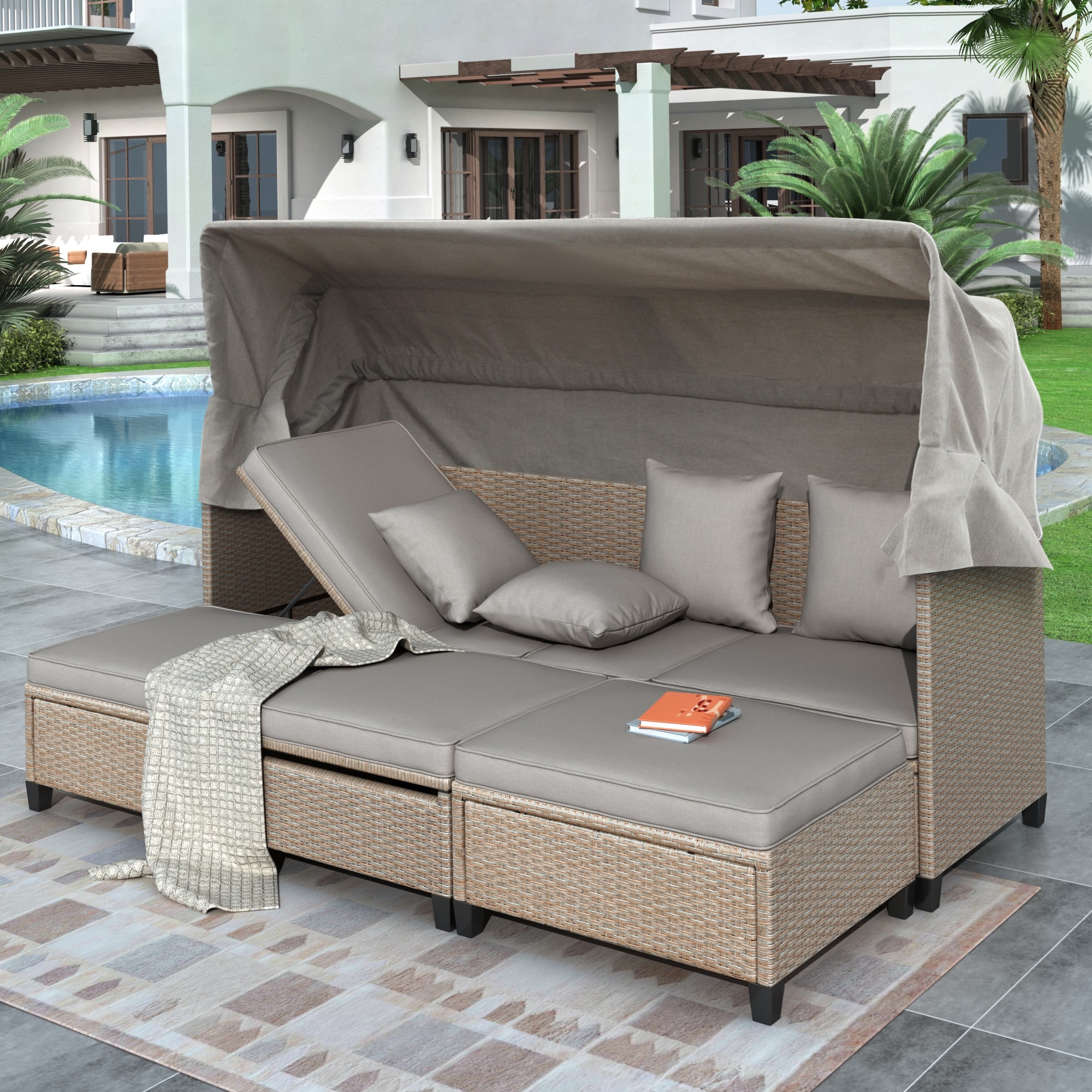 4 Piece Wicker Patio Sofa Set With Retractable Canopy  Cushions And Lifting Table brown