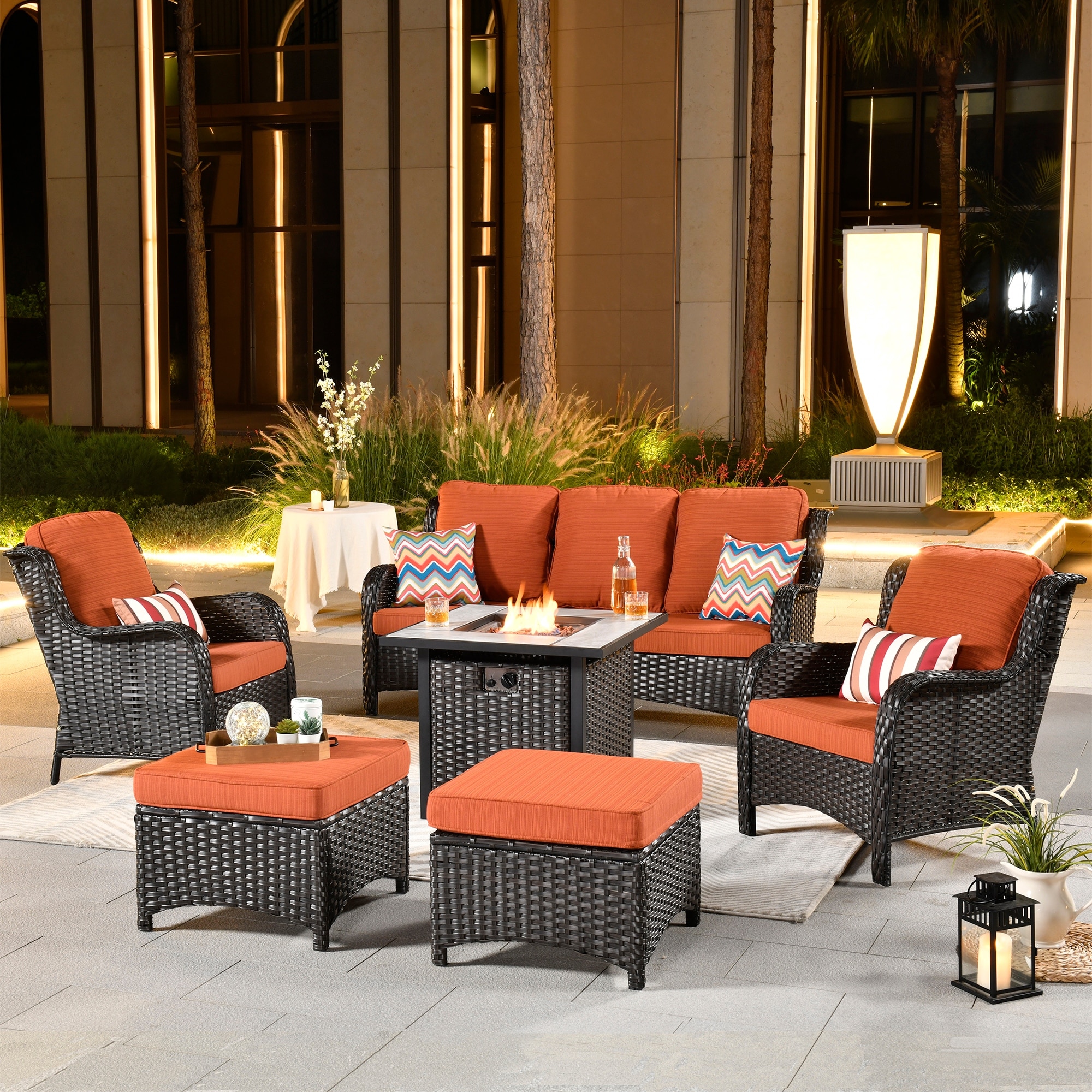 Ovios Brown Wicker 6-piece Patio Furniture Set With Fire Pit