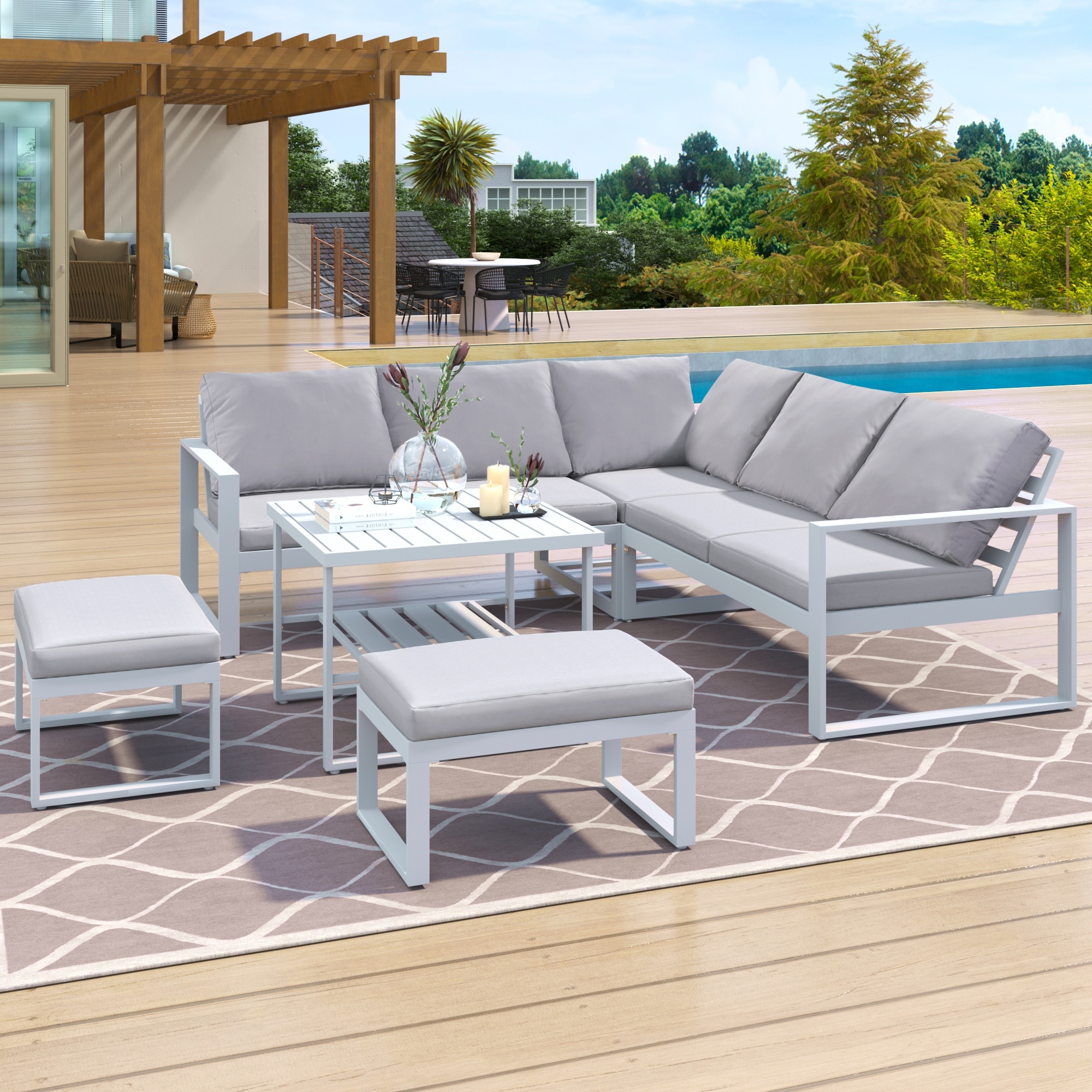 Industrial Style Outdoor Sofa Combination Set With 2 Love Sofa 1 Single Sofa 1 Table 2 Bench