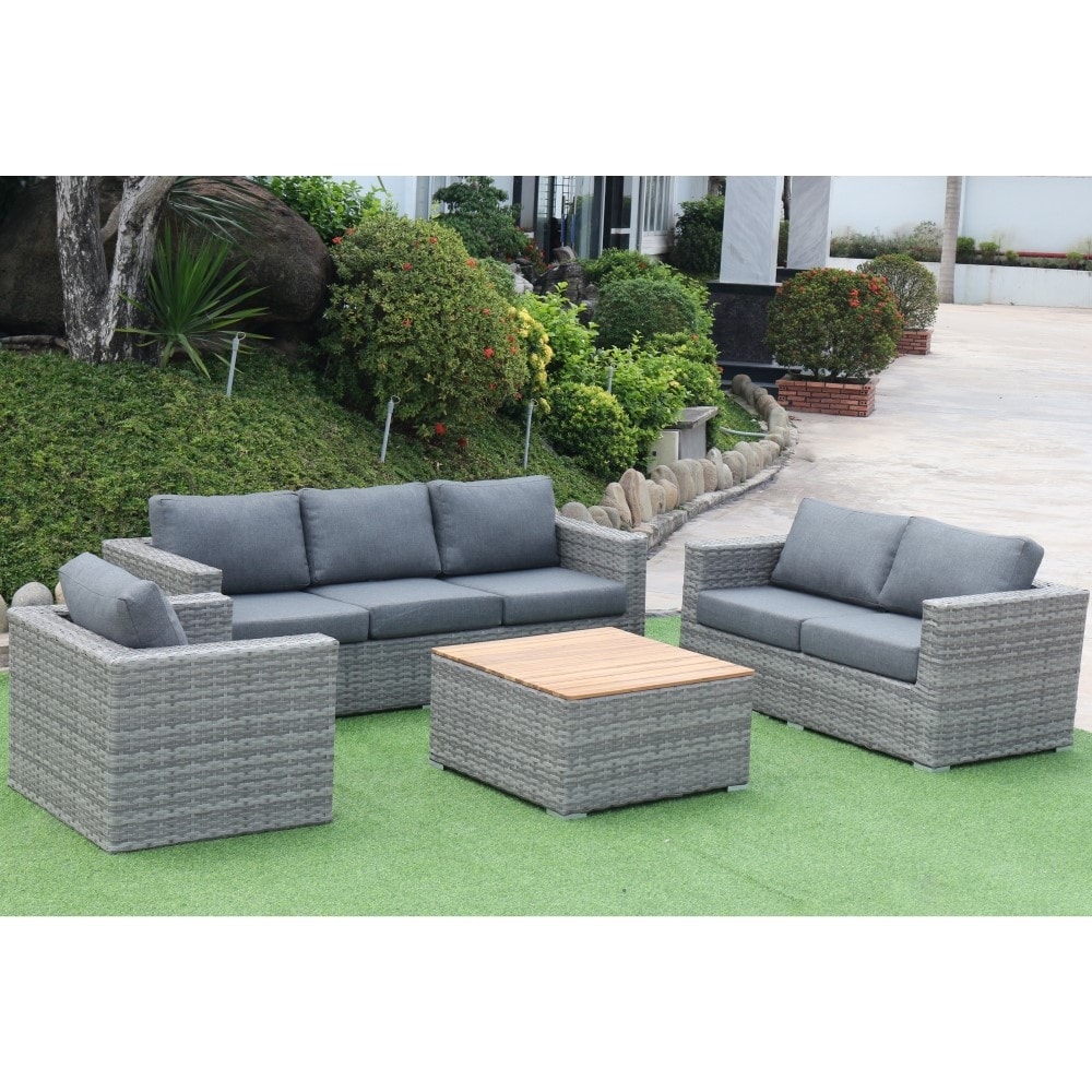Miami 4-piece Patio Seating Rattan Wicker Conversation Set With Olefin Cushions And Coffee Table - Grey