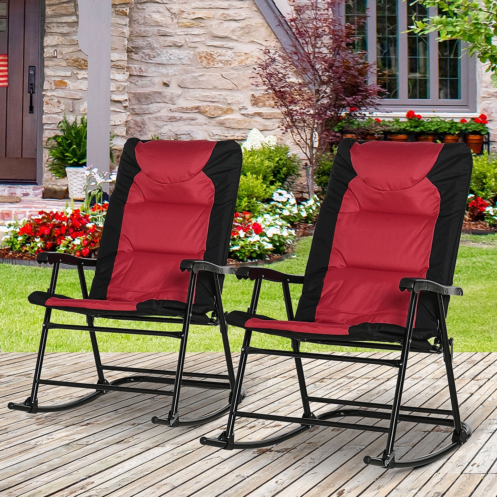 Outsunny Folding Rocking Chair Set With Padded Seat And Back  Pillow