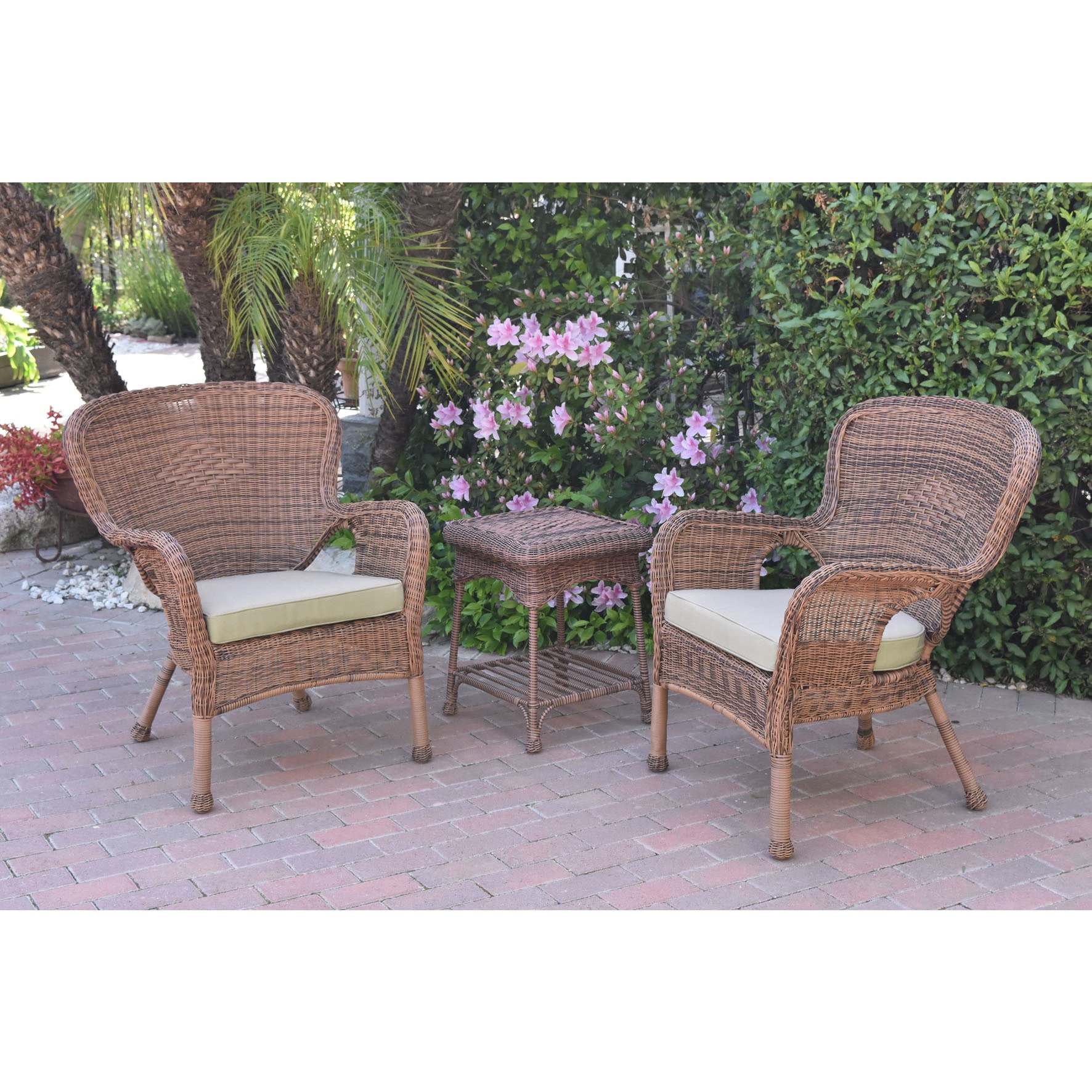 Jeco Windsor Honey Wicker Chair And End Table Set With Cushions