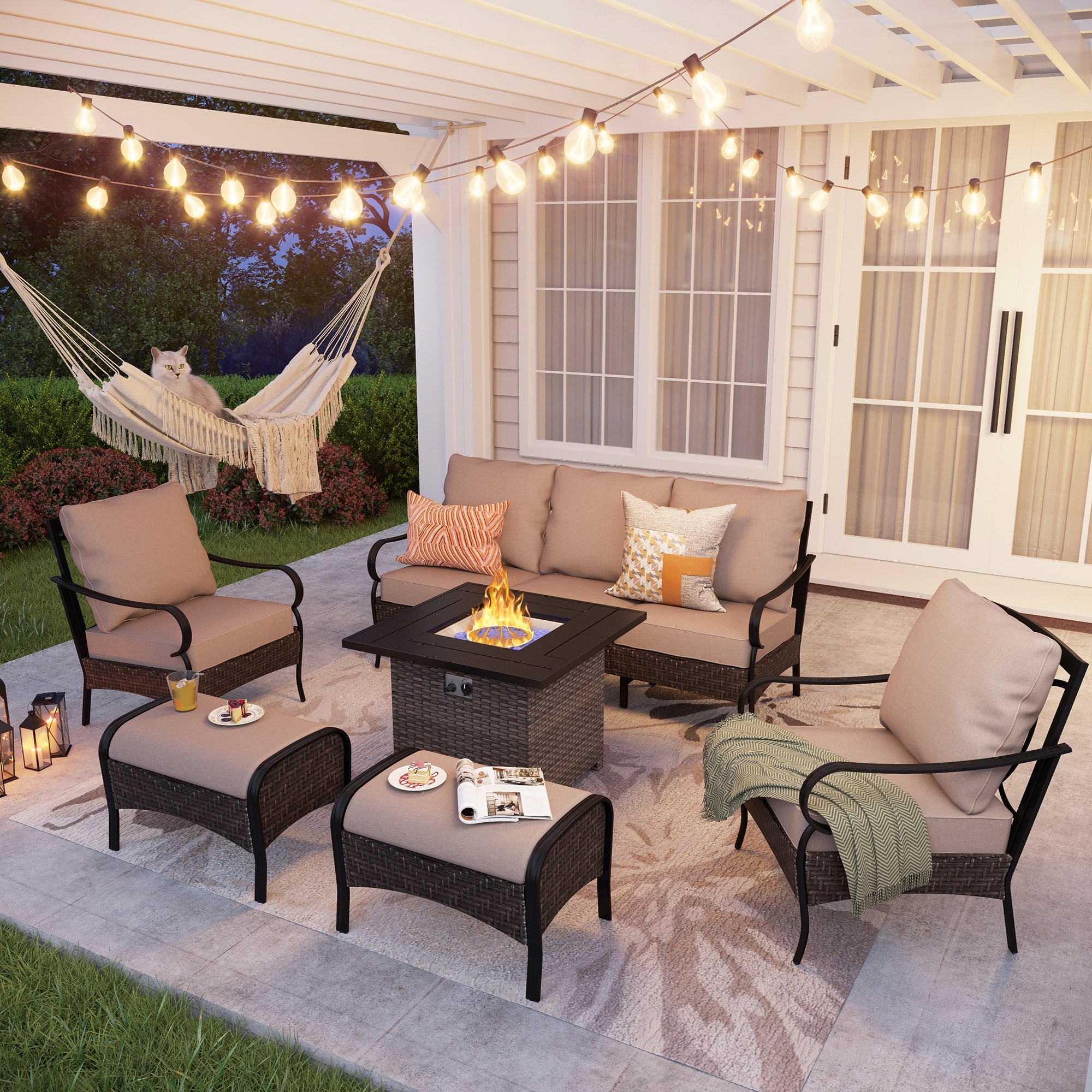 Wicker Patio Conversation Set With Gas Fire Pit Table