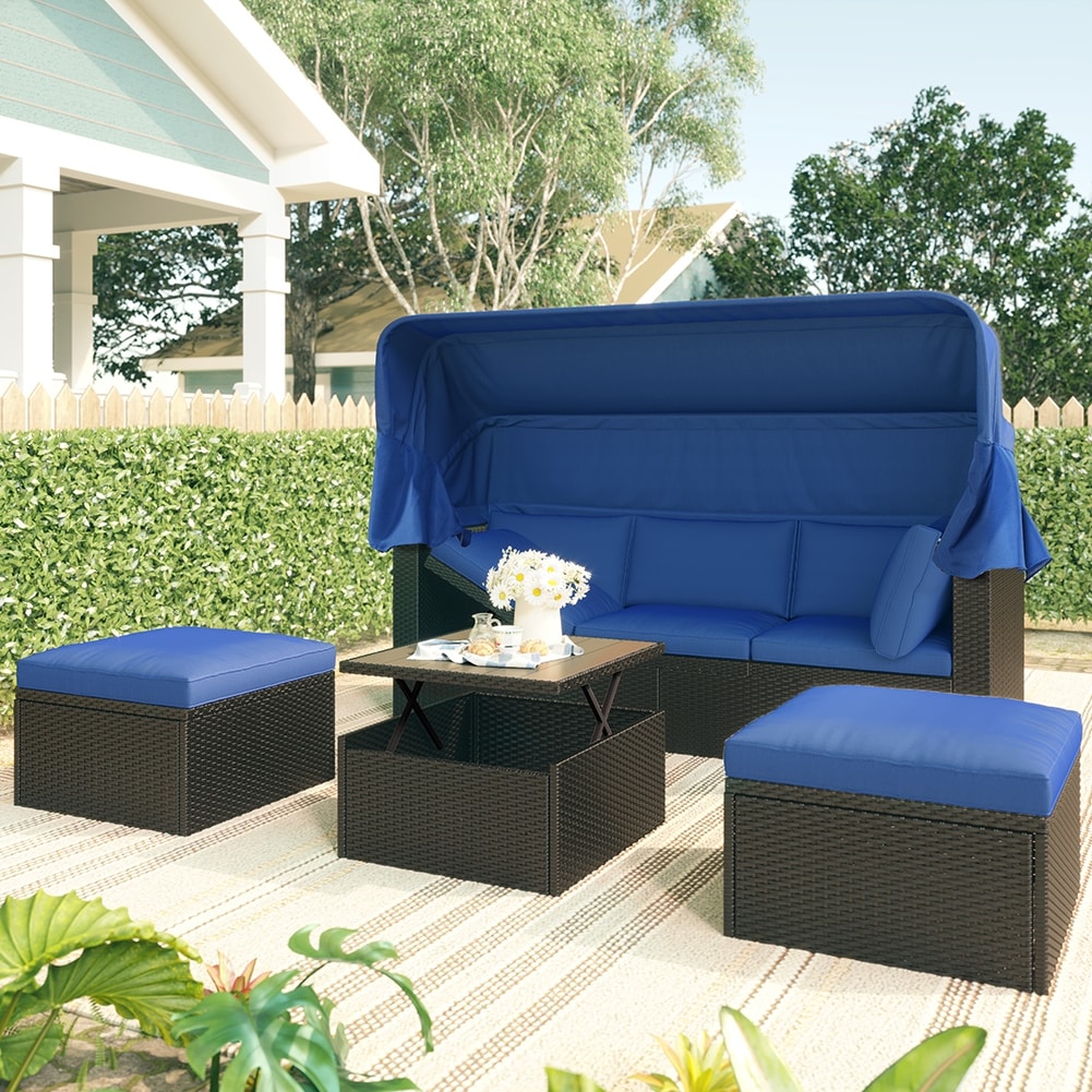 Outdoor Patio Rectangle Daybed With Retractable Canopy