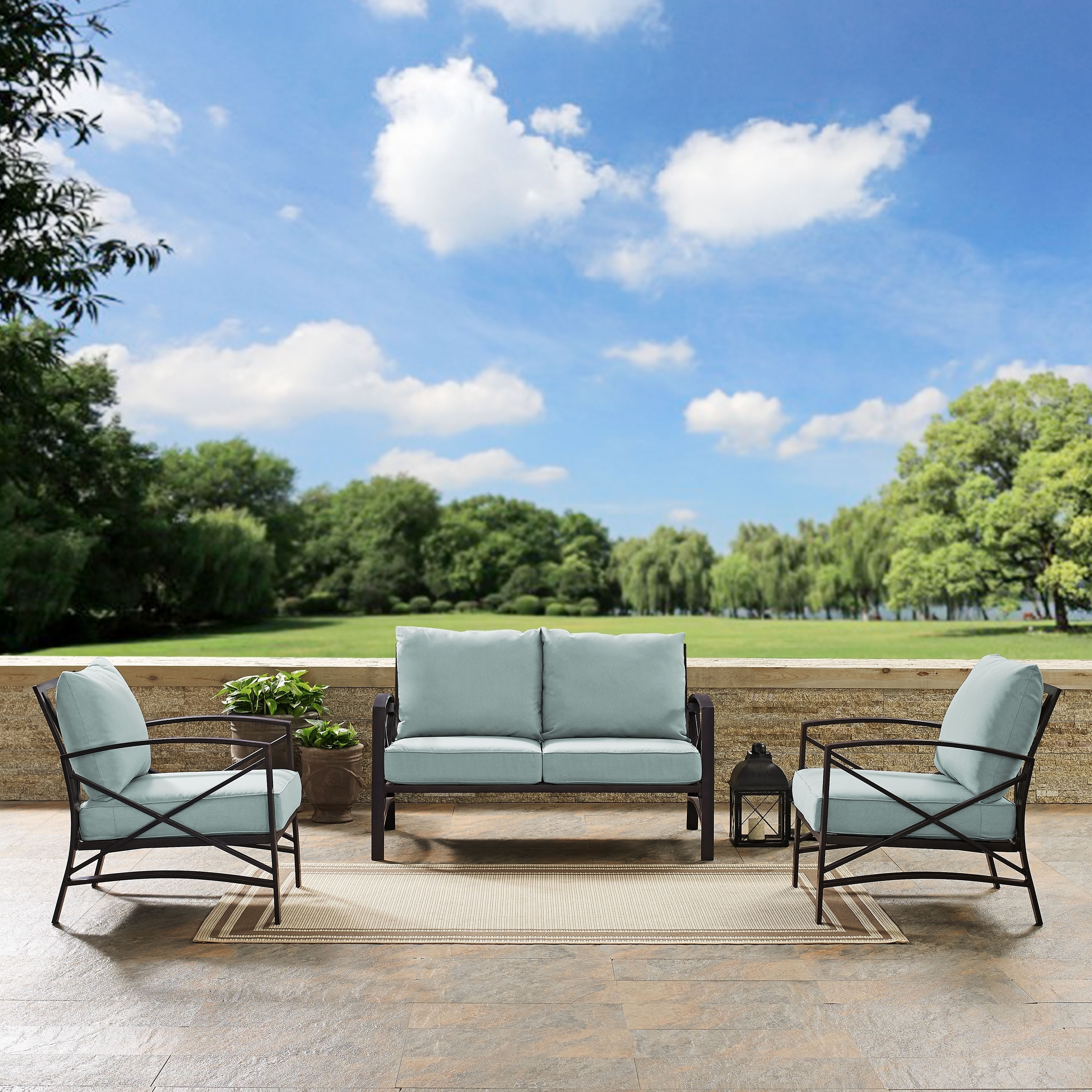 Kaplan 3 Pc Outdoor Seating Set With Mist Cushion - Loveseat  Two Outdoor Chairs - 137.5w X 65d X 35.5h