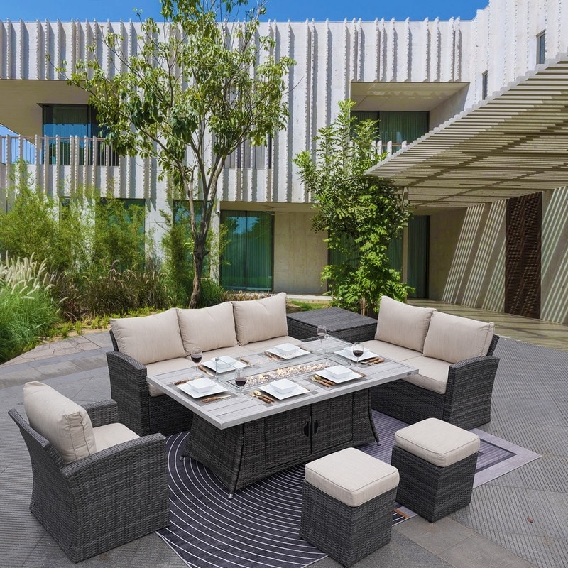 7-piece Patio Conversational Sofa Set With Aluminium Firepit Table