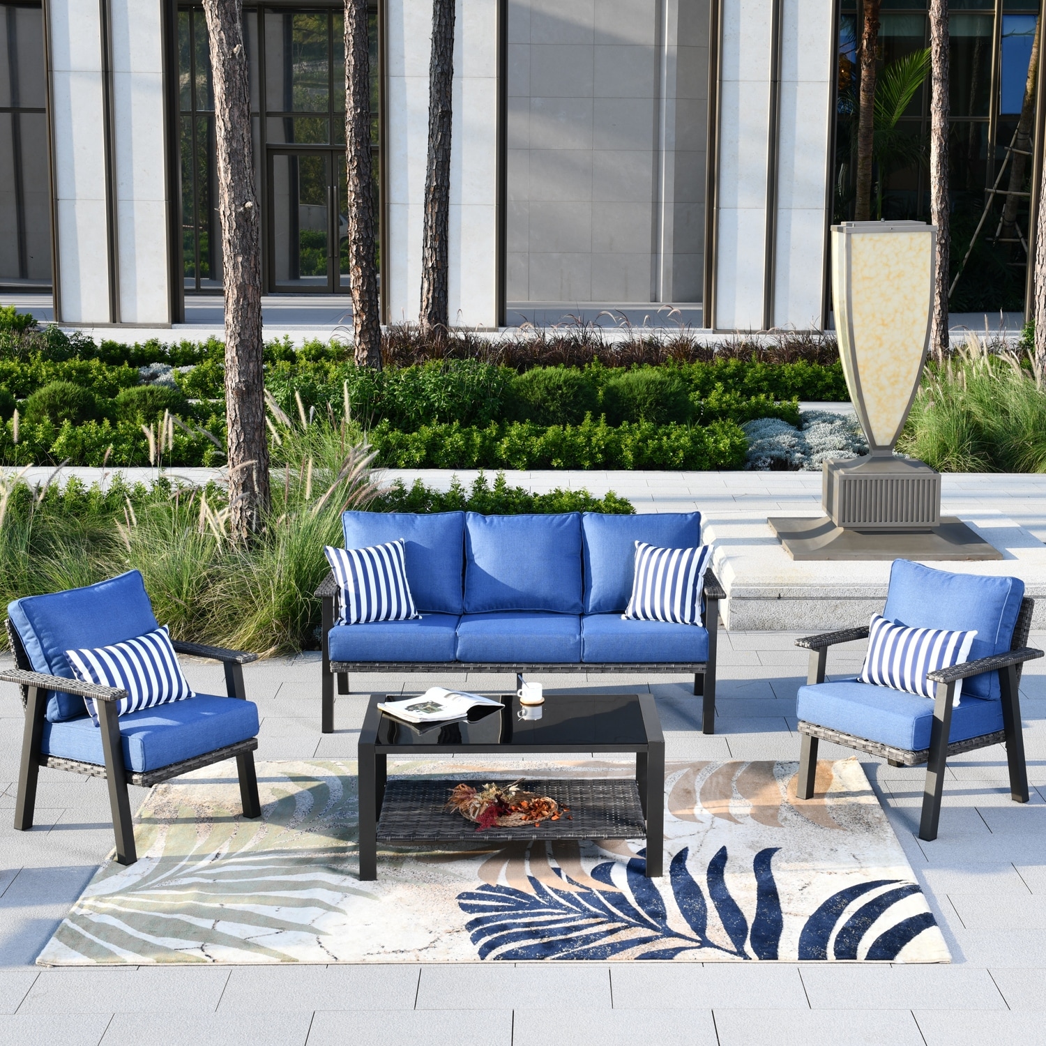 Ovios 4-piece Outdoor Steel Frame Ottoman Wicker Solid Pattern Cushion Sectional Set Glass Table