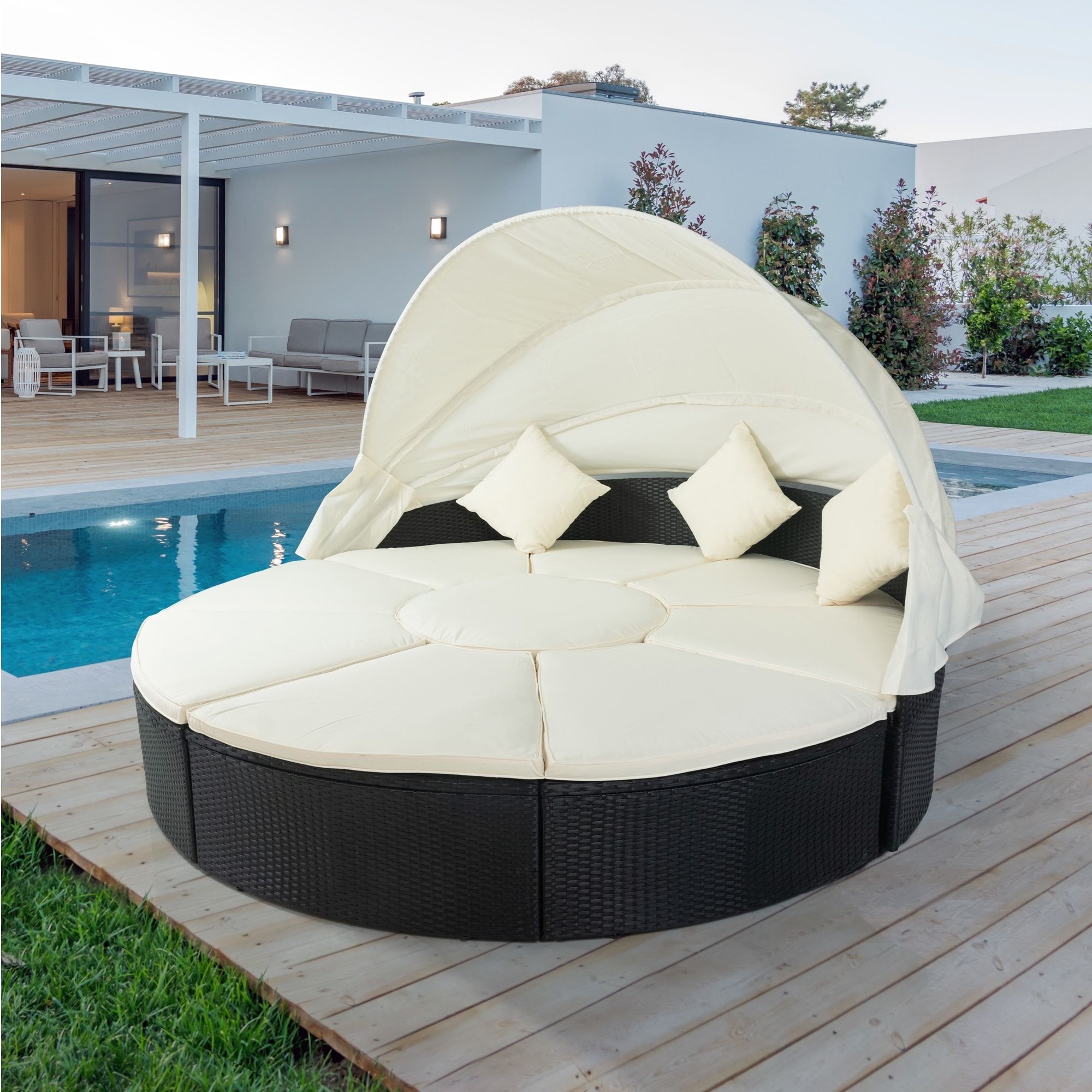 Luxurious Outdoor Patio Round Daybed With Retractable Canopyrattan Wicker Furniture Sectional Seating With Washable Cushions