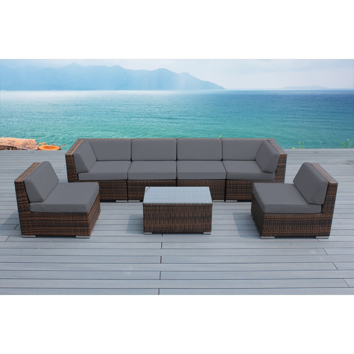 Ohana Outdoor Patio 7 Piece Mixed Brown Wicker Sectional With Cushions - No Assembly