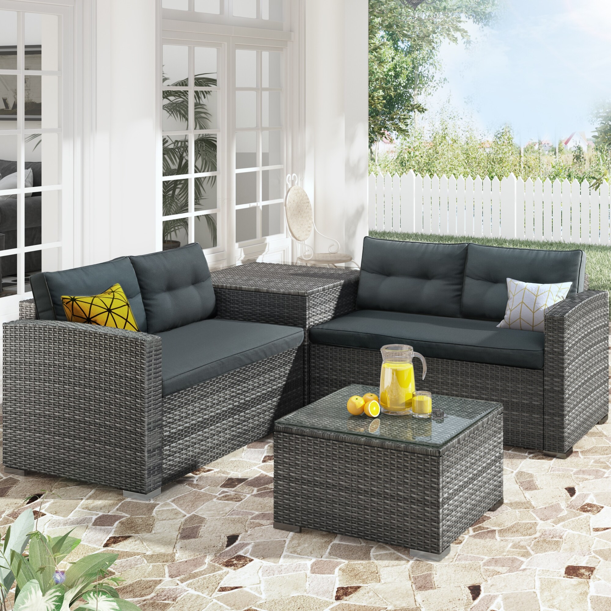 U_style 3-piece Outdoor Furniture Sofa Set Sectional With Large Storage Box  Steel Frame And Braided Pe Rattan and Coffee Table