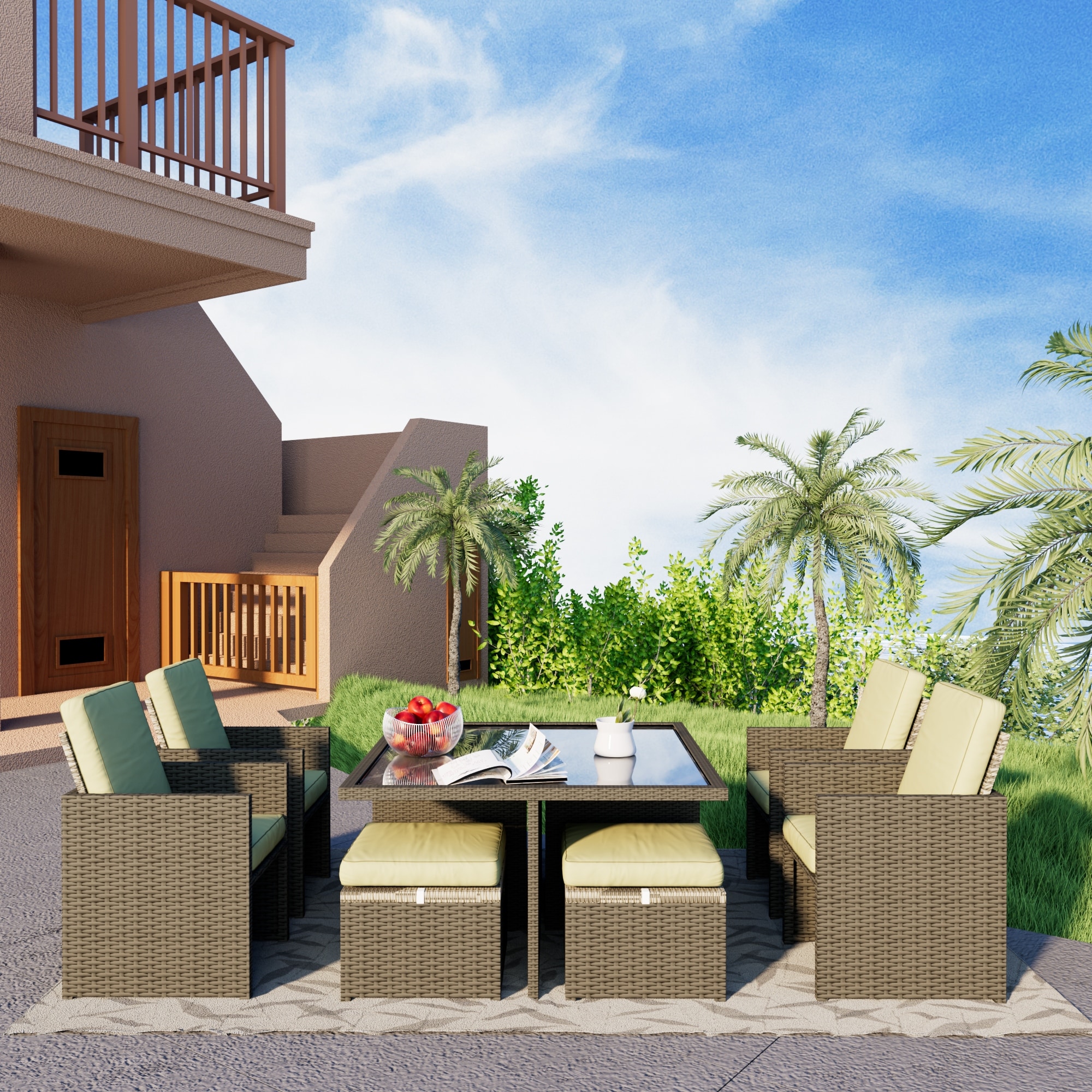 9 Piece All-weather Pe Rattan Terrace Outdoor Dining Chair Conversation Sets