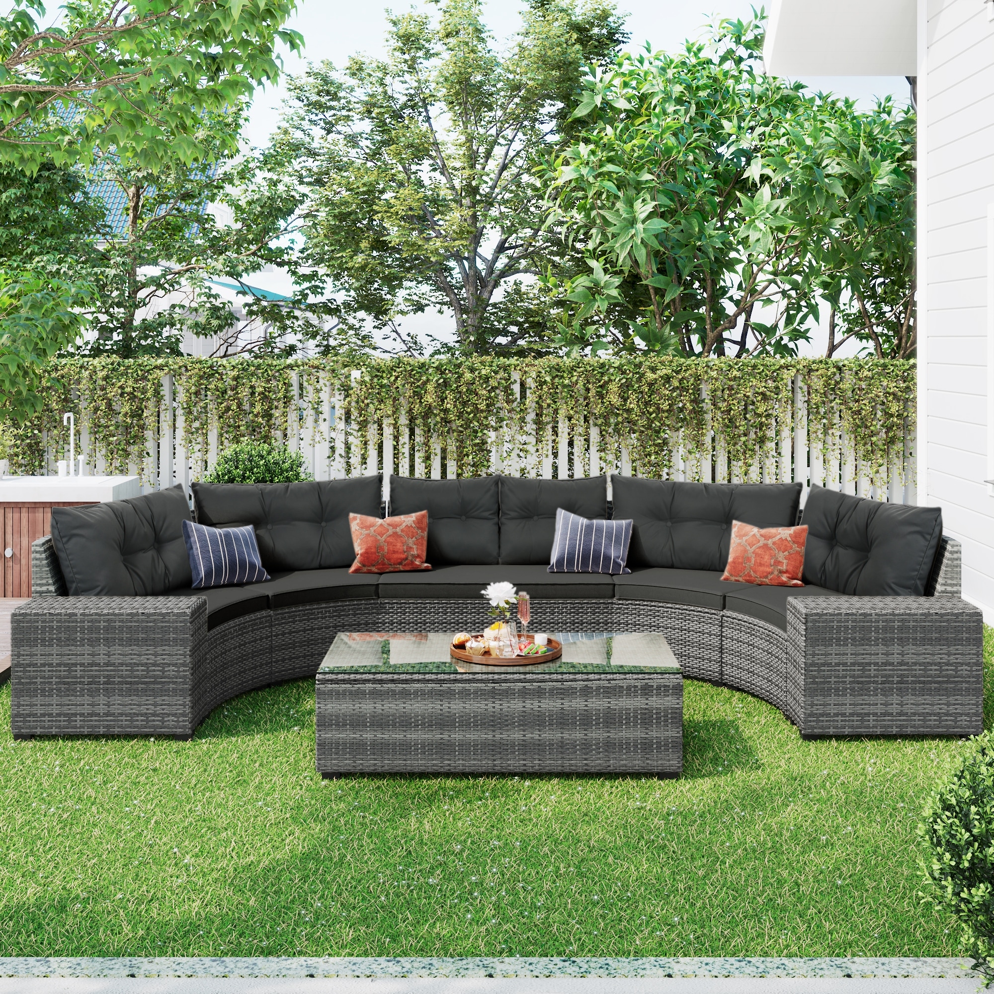 8-pieces Outdoor Wicker Round Sofa Set  Half-moon Sectional Sets All Weather  Curved Sofa Set With Rectangular Coffee Table
