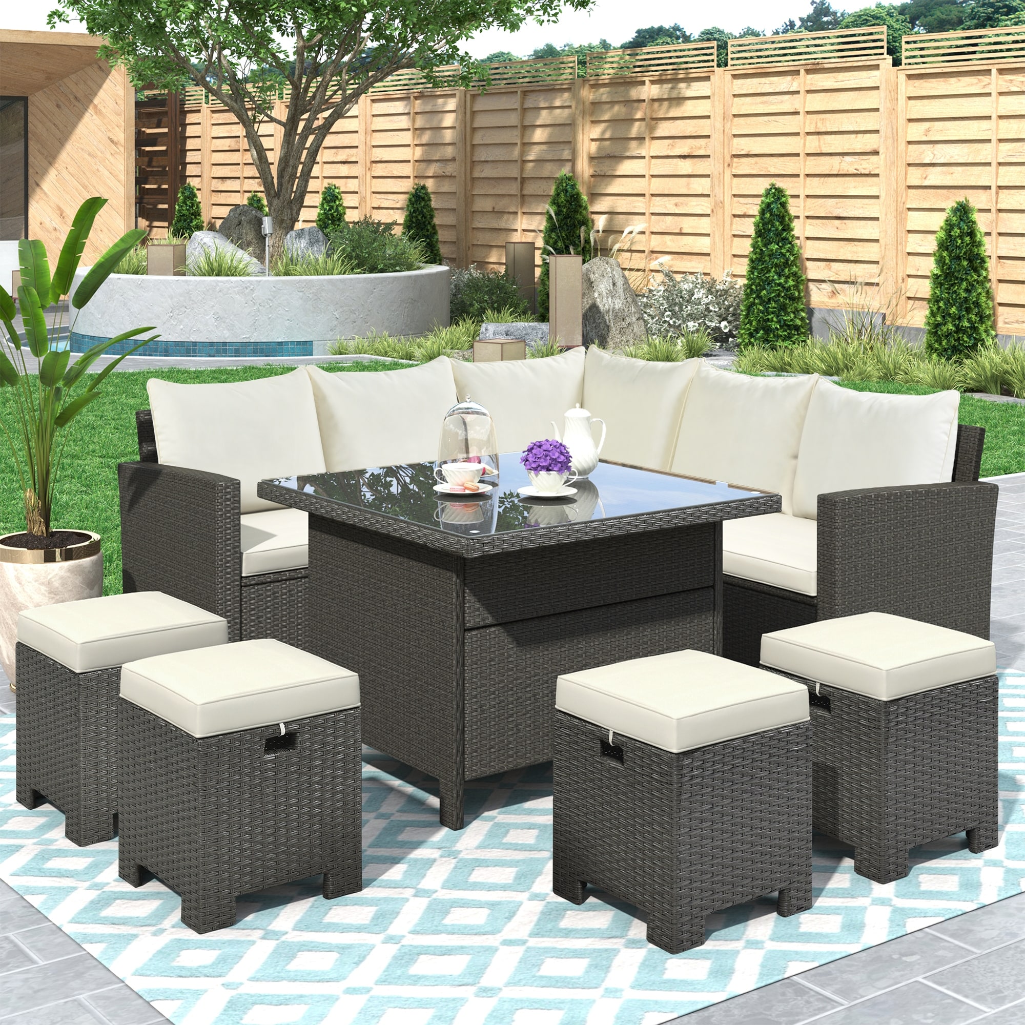 U_style Patio Furniture Set 8 Piece Outdoor Conversation Pe Rattan Sofa Set Dining Table Chair With Storage Ottoman Cushions