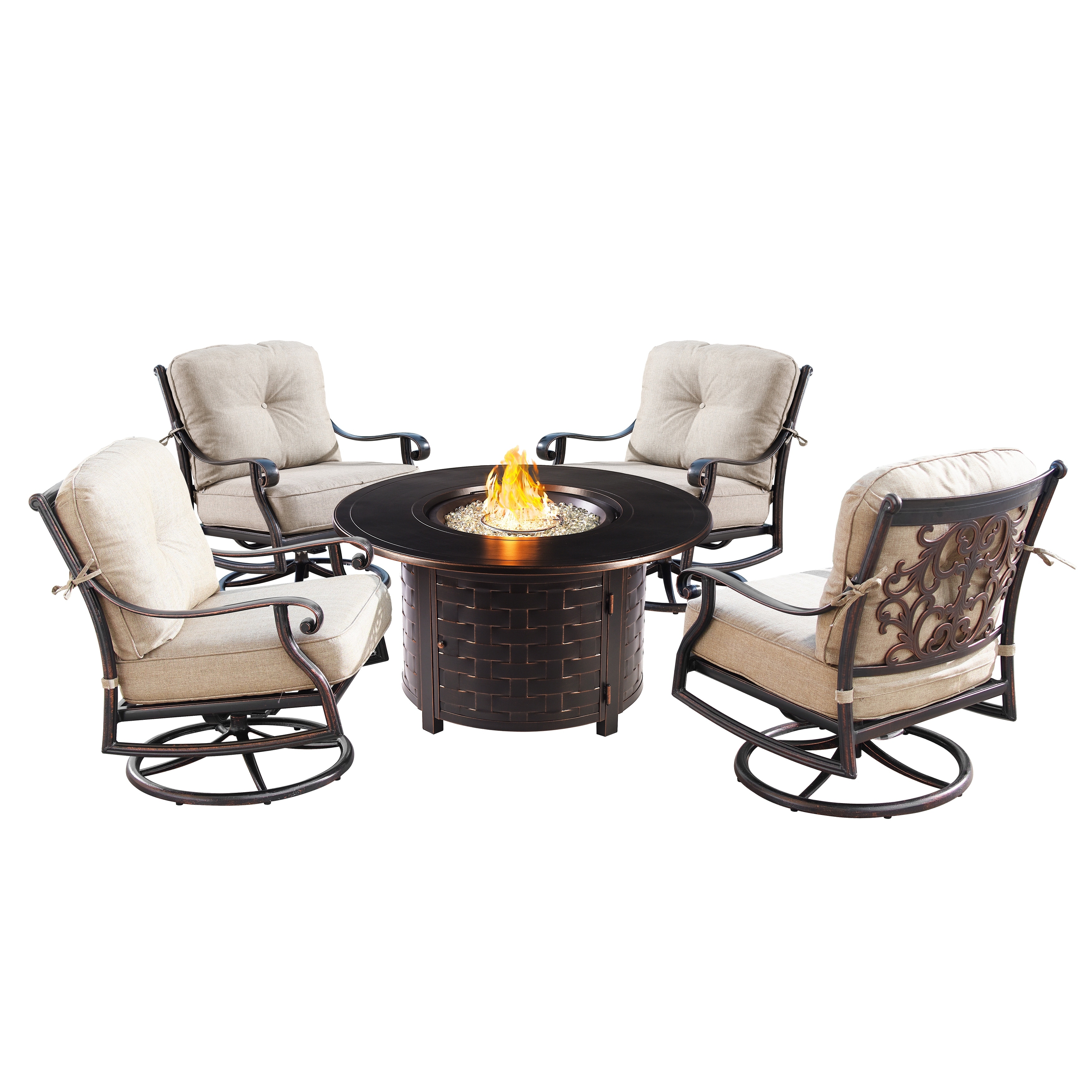 Outdoor Aluminum 44 In. Round Fire Table Set With Four Deep Seating Swivel Rocking Chairs and Accessories