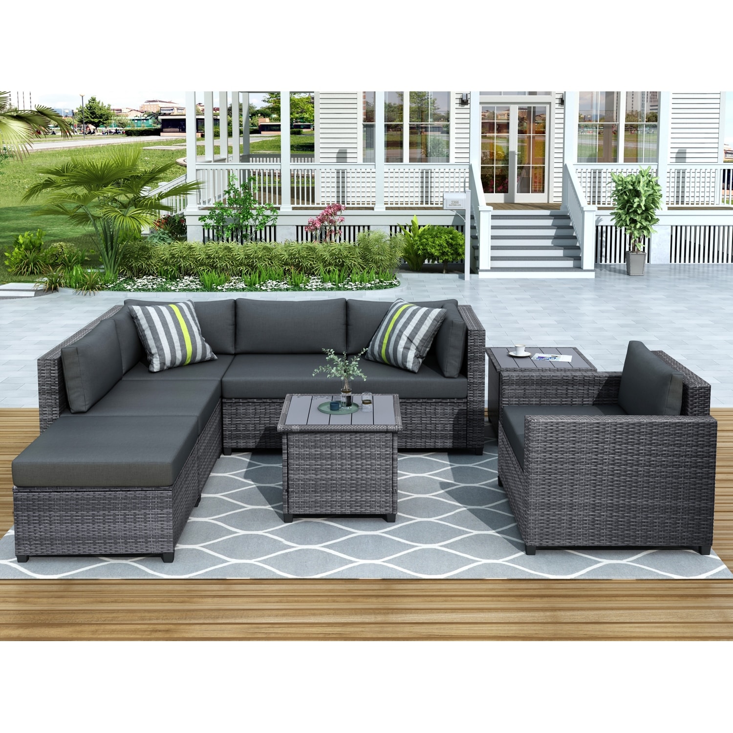 8 Piece Rattan Sectional Seating Group With Cushions  Patio Furniture Sets  Outdoor Wicker Sectional Sofa With Ottoman and Tables