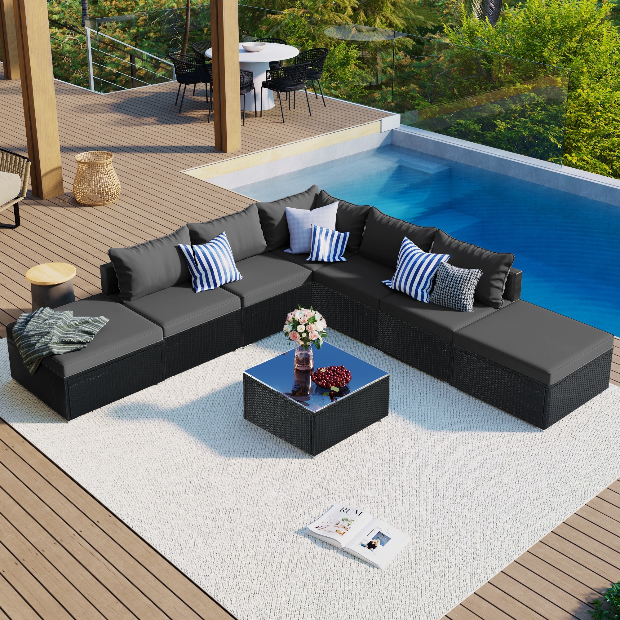 8-pieces Outdoor Patio Furniture Sets For 5-8  Garden Sofa Set With 1 Corner Sofa  4 Single Sofas  2 Ottomans and 1 Coffee Table.